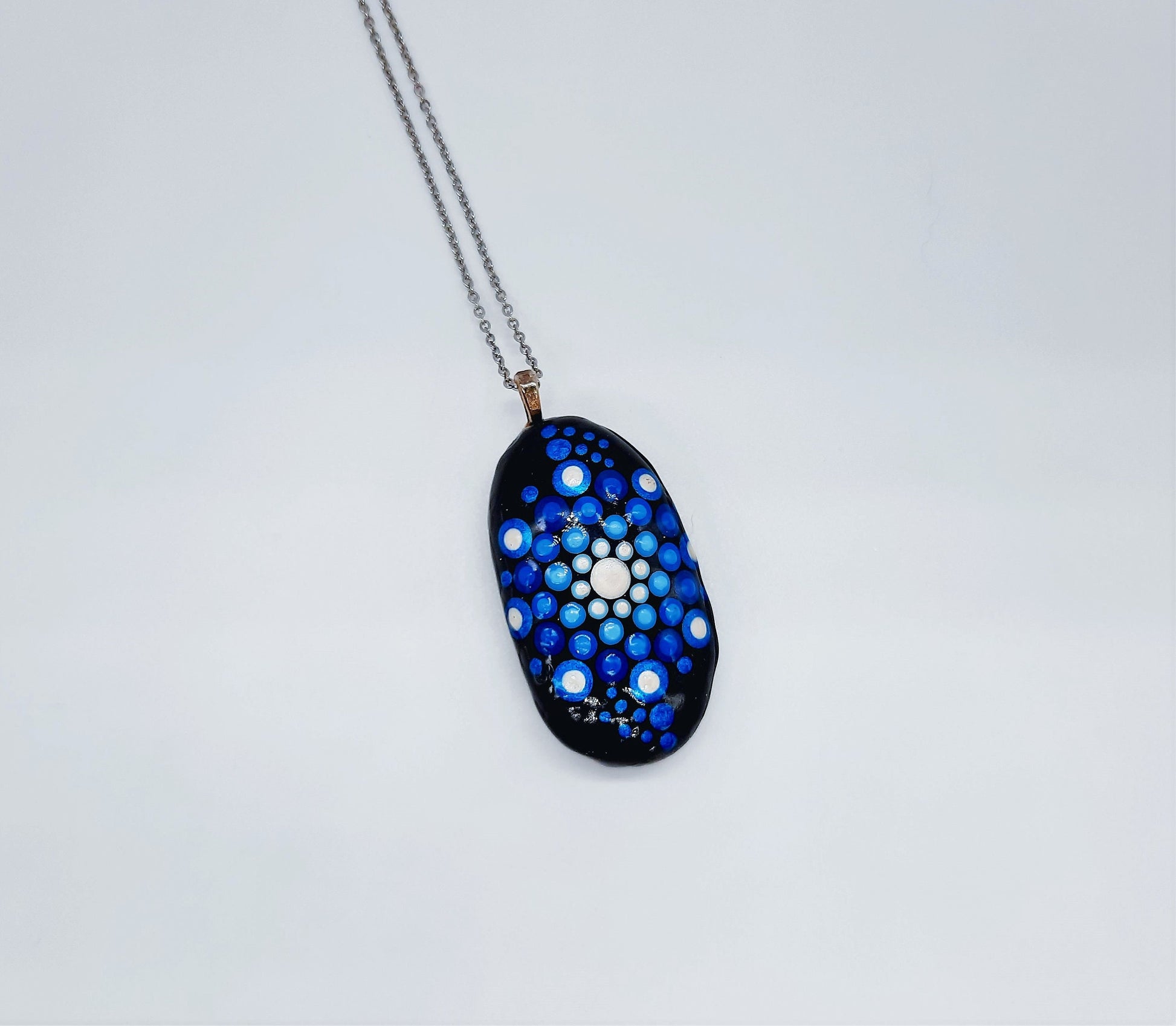 Handpainted Blue Dot Mandala Necklace, Stone / Rock Pendant, Sealed w/ Resin, Hypoallergenic Stainless Steel Chain, Lobster Claw Closure