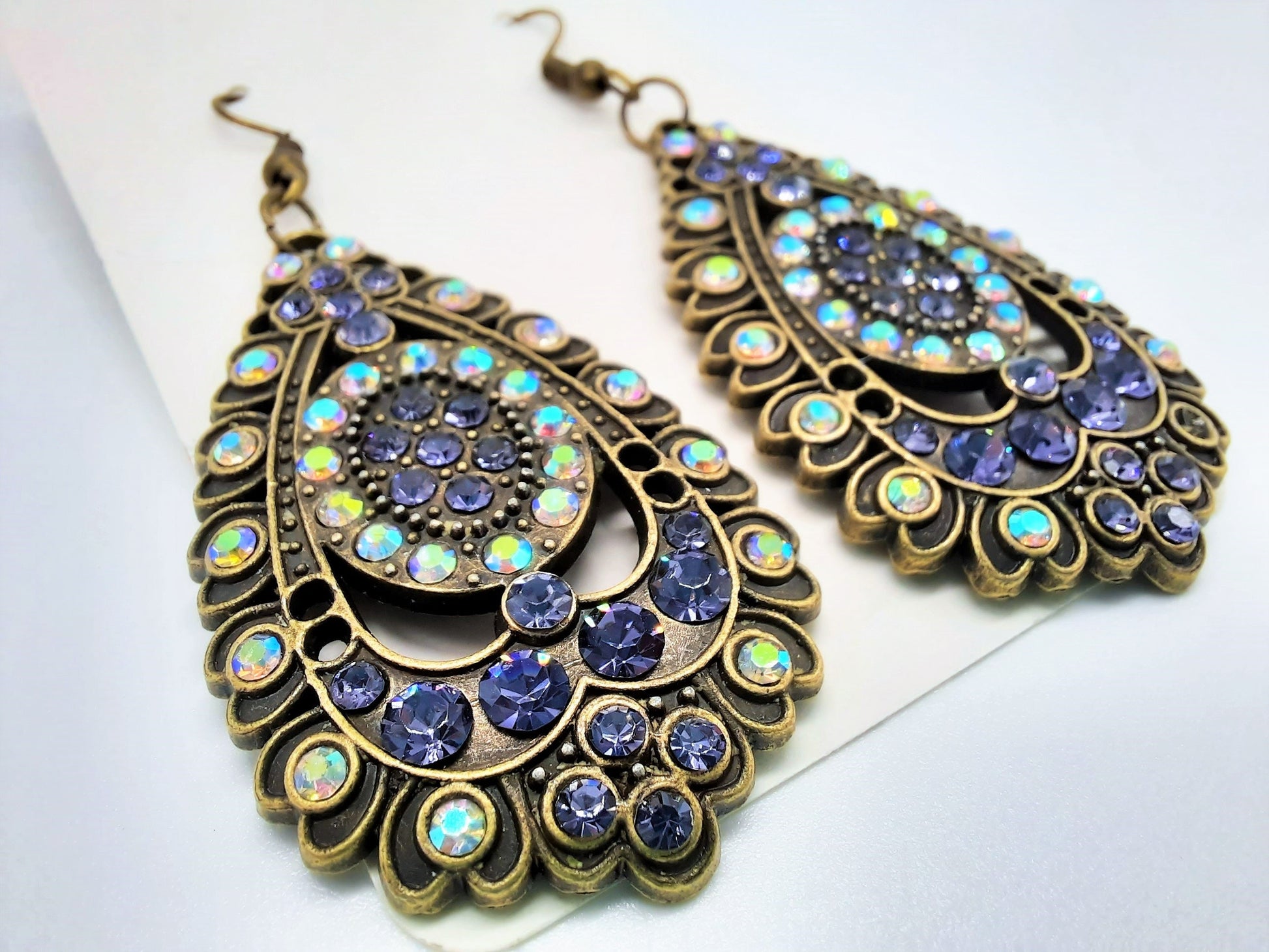 Handmade / Handcrafted Antiqued Brass / Bronze Aurora Borealis & Purple Rhinestone Intricate Filigree Teardrop Pendant Dangle Earrings