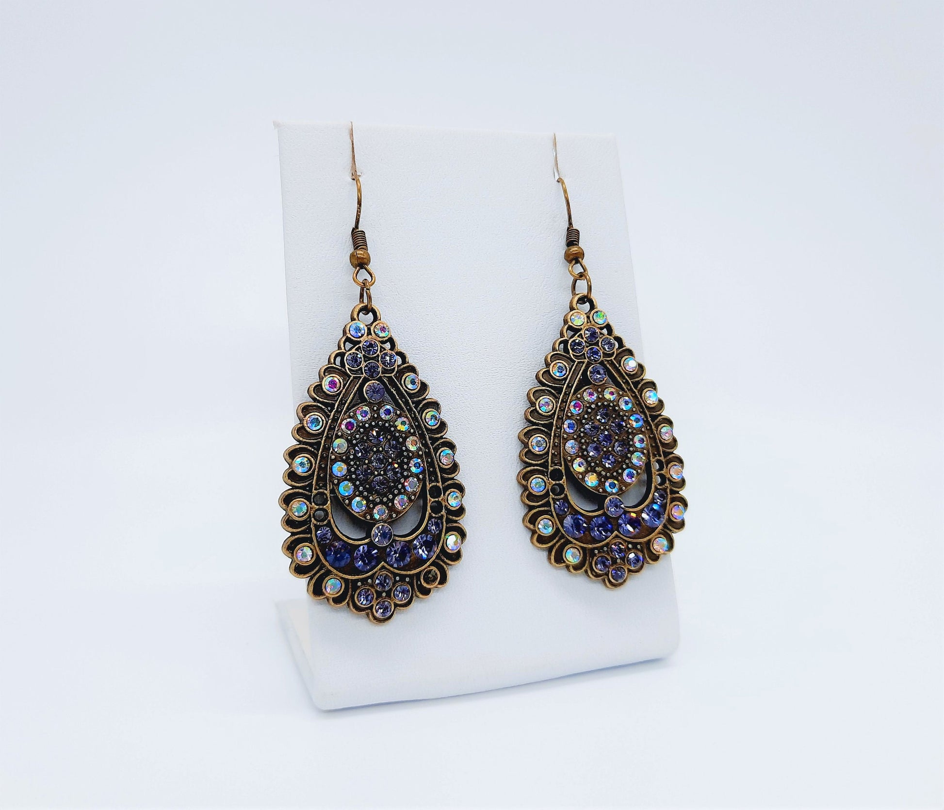 Handmade / Handcrafted Antiqued Brass / Bronze Aurora Borealis & Purple Rhinestone Intricate Filigree Teardrop Pendant Dangle Earrings