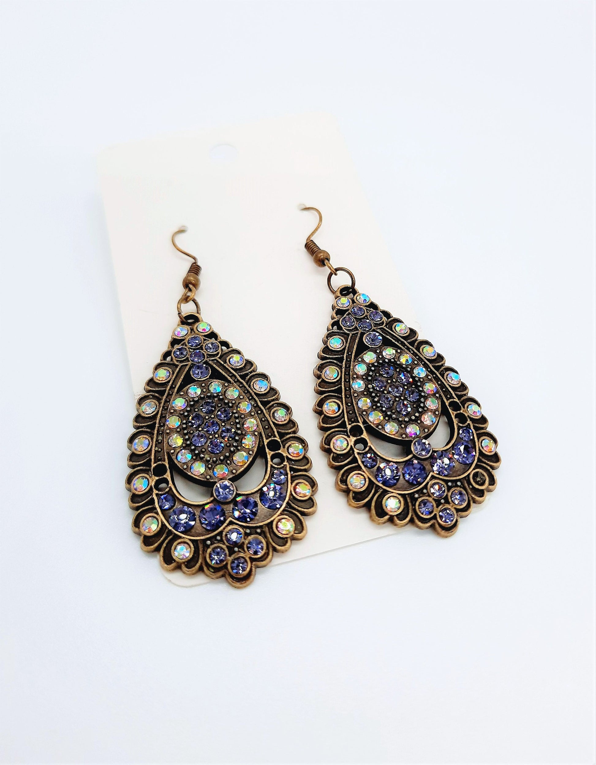 Handmade / Handcrafted Antiqued Brass / Bronze Aurora Borealis & Purple Rhinestone Intricate Filigree Teardrop Pendant Dangle Earrings