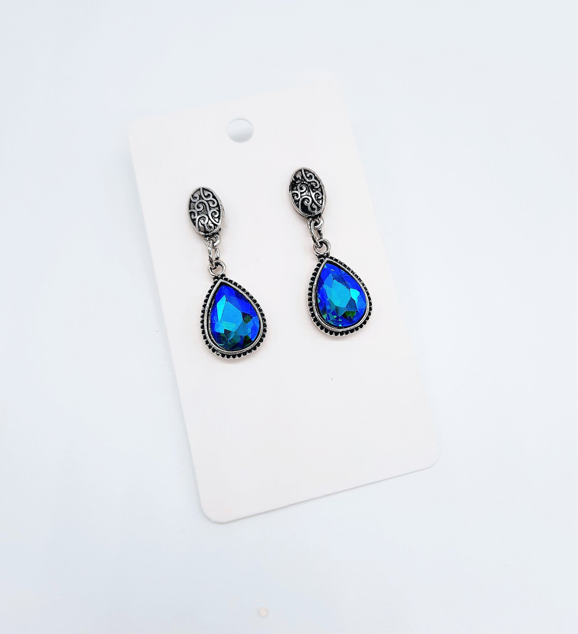 Handmade / Handcrafted Antiqued Silver Teal Blue Rhinestone Teardrop Pendant Earrings - Intricate Filigree Scroll Posts / Studs