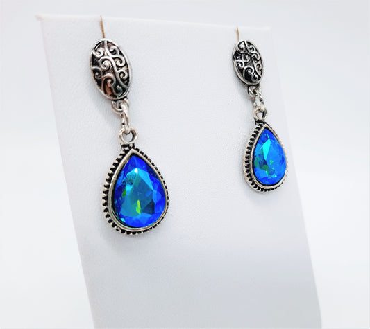 Handmade / Handcrafted Antiqued Silver Teal Blue Rhinestone Teardrop Pendant Earrings - Intricate Filigree Scroll Posts / Studs