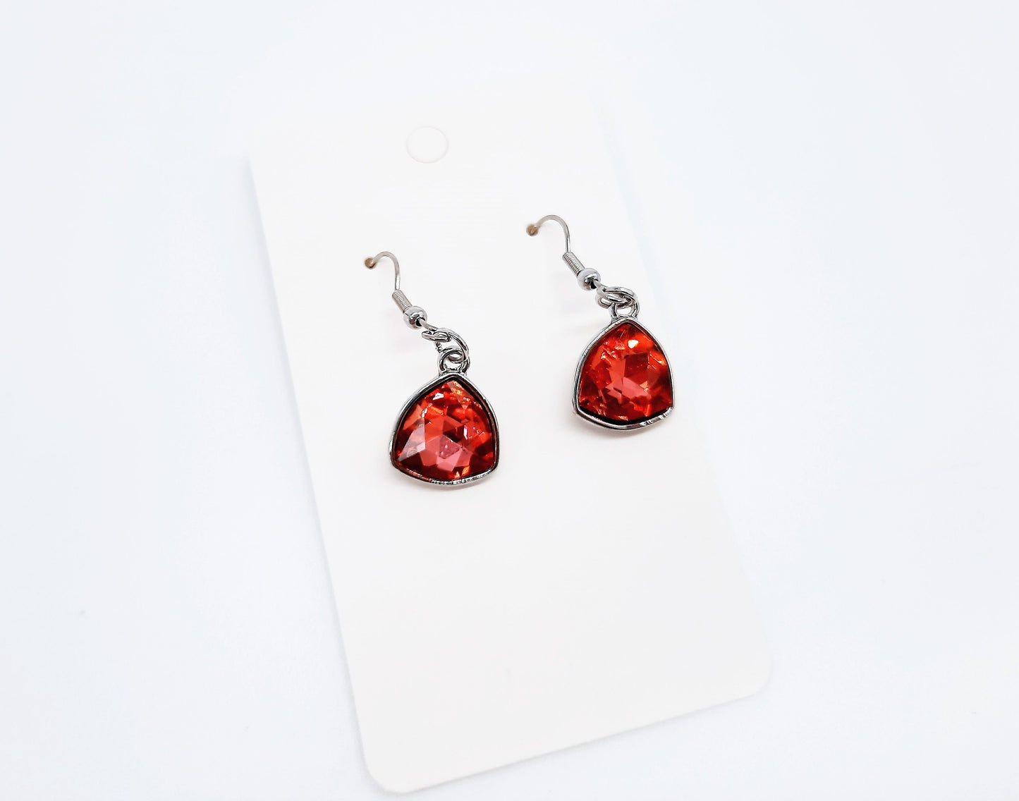 Handmade / Handcrafted Multifaceted Red Rhinestone Triangle Pendant Earrings - Hypoallergenic Stainless Steel Ear Wire Hooks - Ruby / Garnet
