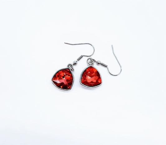 Handmade / Handcrafted Multifaceted Red Rhinestone Triangle Pendant Earrings - Hypoallergenic Stainless Steel Ear Wire Hooks - Ruby / Garnet