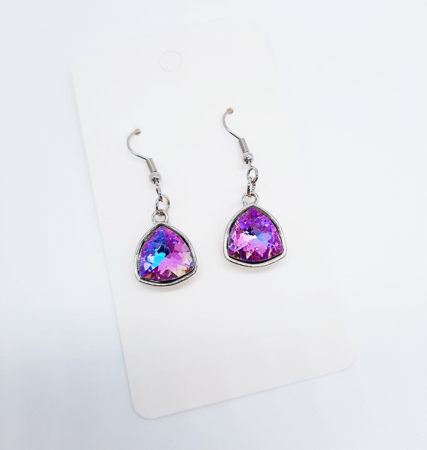 Handmade / Handcrafted Multifaceted Purple Rhinestone Triangle Pendant Earrings - Hypoallergenic Stainless Steel Ear Wire Hooks - Amethyst
