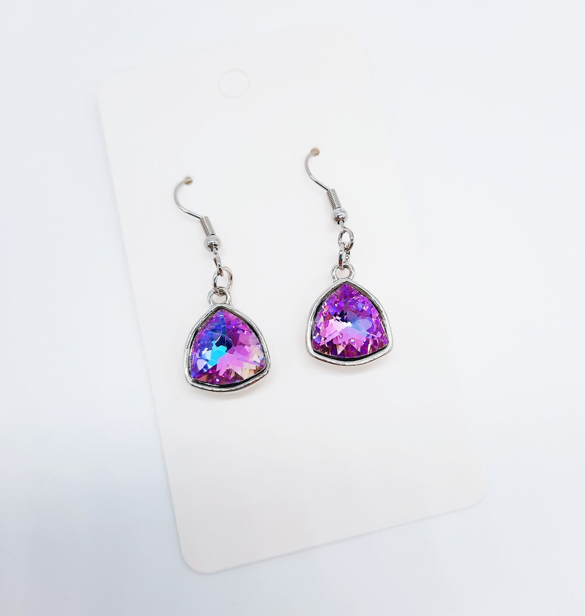 Handmade / Handcrafted Multifaceted Purple Rhinestone Triangle Pendant Earrings - Hypoallergenic Stainless Steel Ear Wire Hooks - Amethyst