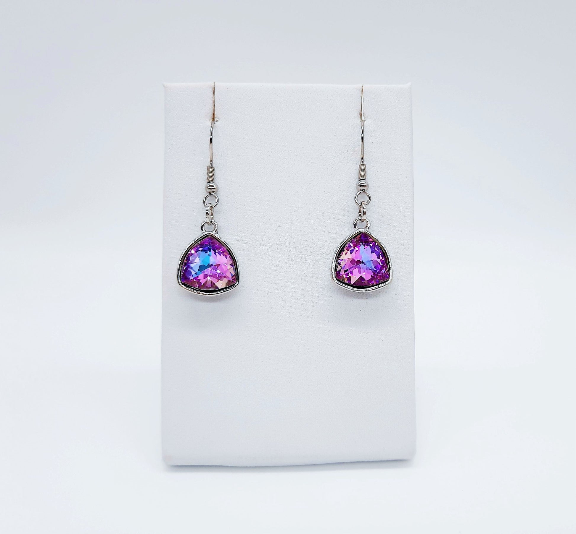 Handmade / Handcrafted Multifaceted Purple Rhinestone Triangle Pendant Earrings - Hypoallergenic Stainless Steel Ear Wire Hooks - Amethyst