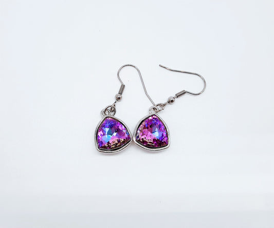Handmade / Handcrafted Multifaceted Purple Rhinestone Triangle Pendant Earrings - Hypoallergenic Stainless Steel Ear Wire Hooks - Amethyst