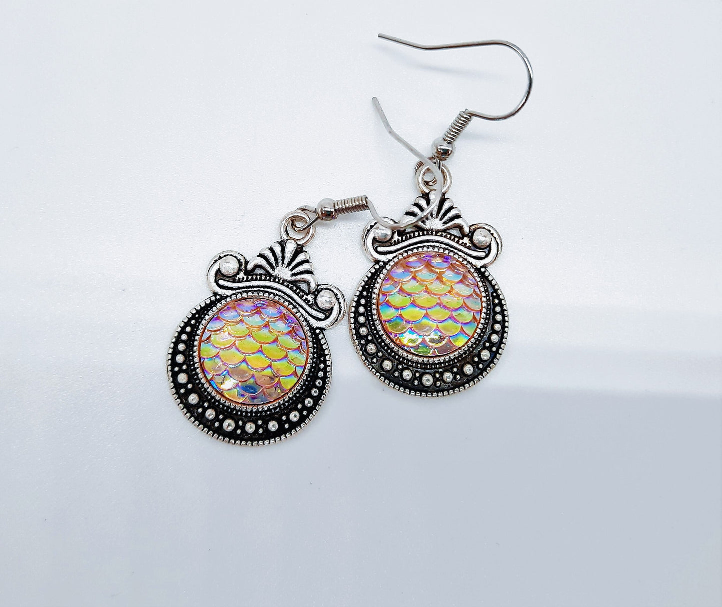 Iridescent Pink Mermaid Scale / Dragon Scale / Fish Scale Earrings / Antique Tibetan Look / Made with Hypo-allergenic Stainless Steel Hooks