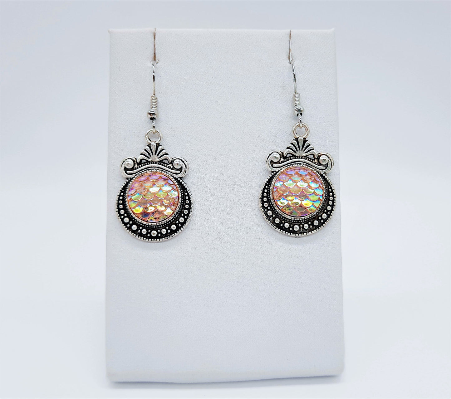 Iridescent Pink Mermaid Scale / Dragon Scale / Fish Scale Earrings / Antique Tibetan Look / Made with Hypo-allergenic Stainless Steel Hooks