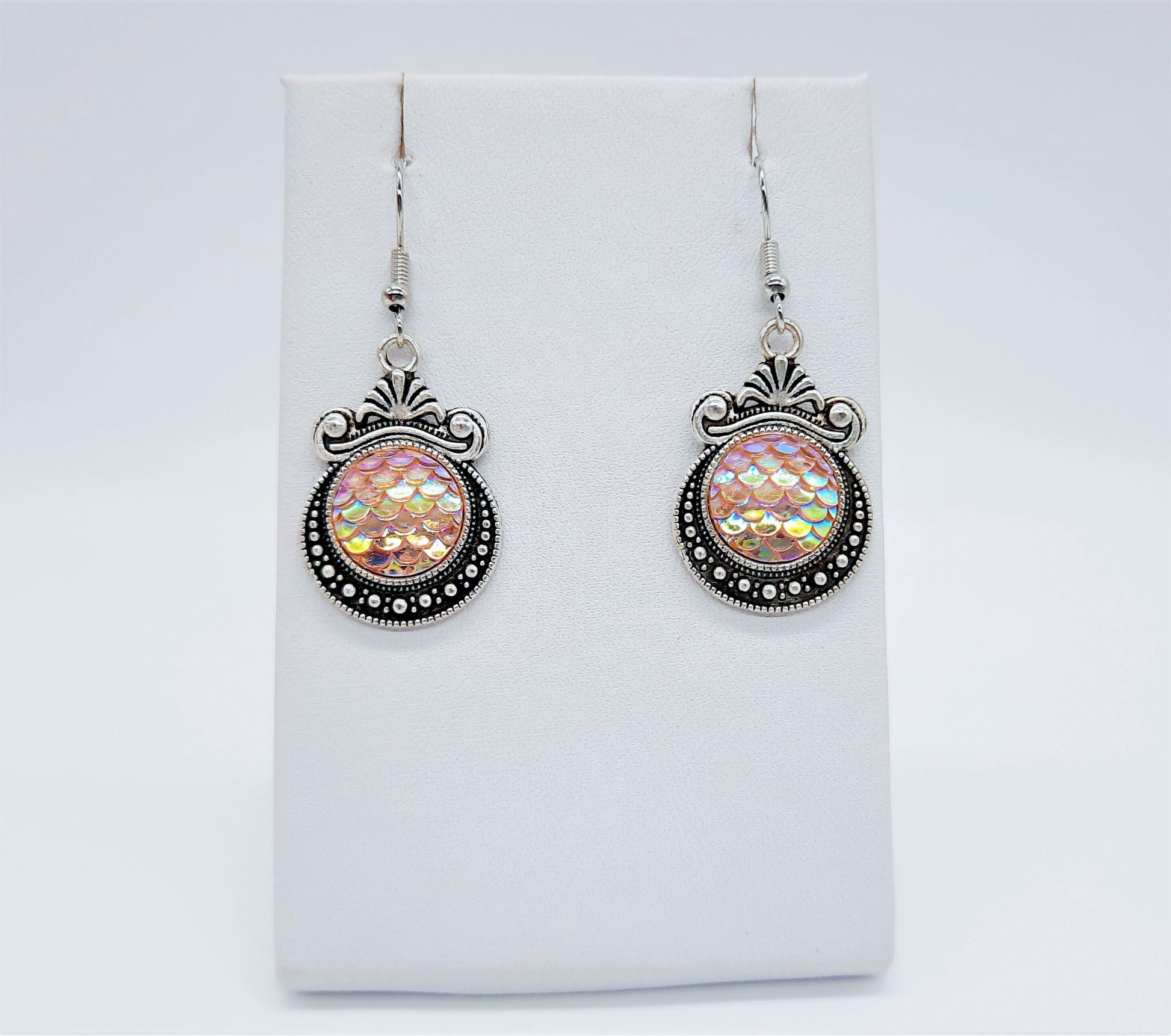 Iridescent Pink Mermaid Scale / Dragon Scale / Fish Scale Earrings / Antique Tibetan Look / Made with Hypo-allergenic Stainless Steel Hooks