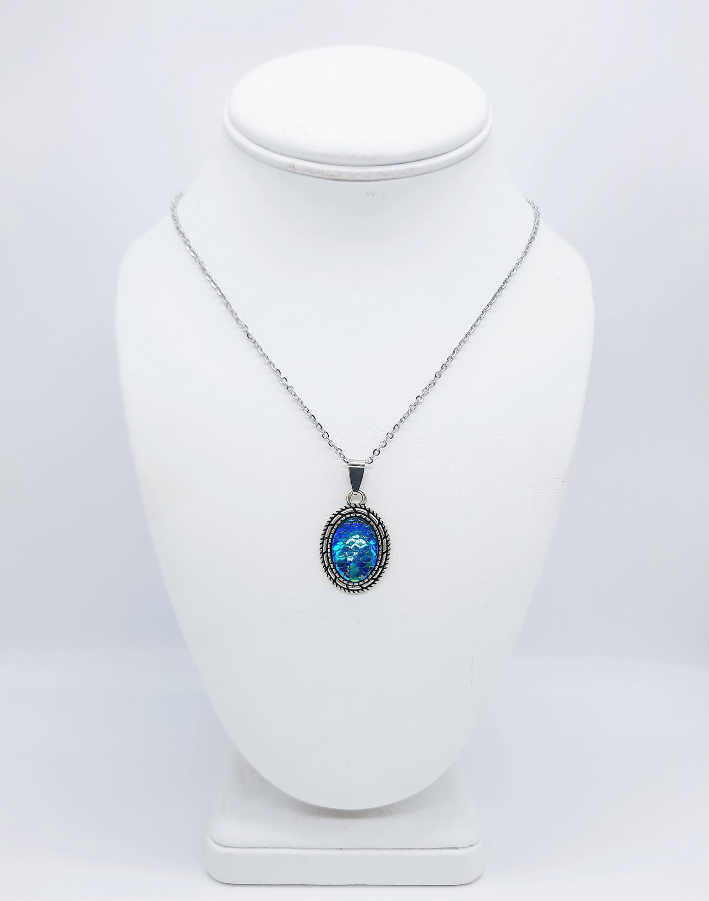 Iridescent Blue Oval Mermaid Scale / Dragon Scale / Fish Scale Pendant Necklace / Antique Tibetan Look / Made with Hypoallergenic Steel