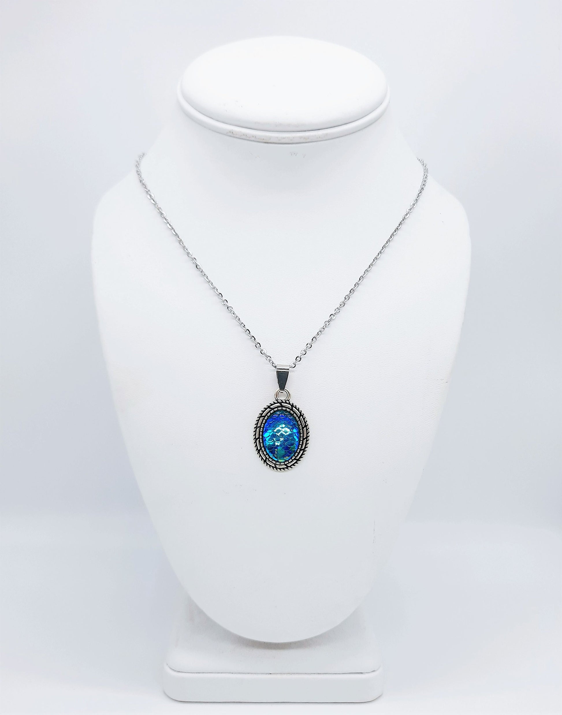 Iridescent Blue Oval Mermaid Scale / Dragon Scale / Fish Scale Pendant Necklace / Antique Tibetan Look / Made with Hypoallergenic Steel