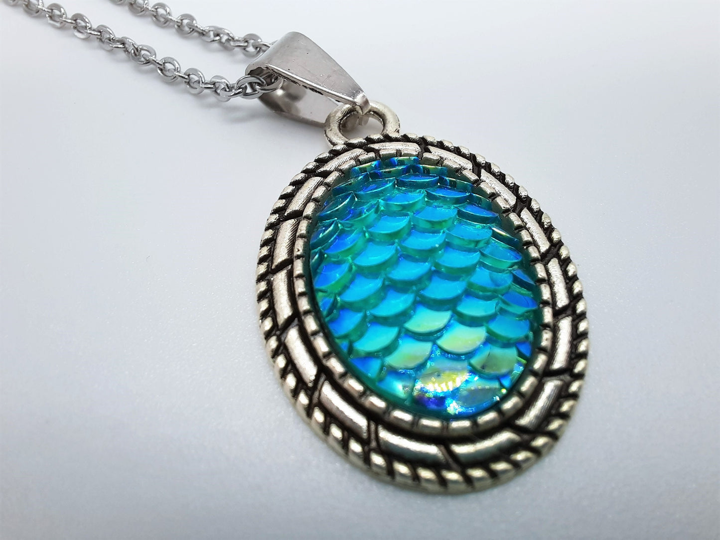 Iridescent Blue Oval Mermaid Scale / Dragon Scale / Fish Scale Pendant Necklace / Antique Tibetan Look / Made with Hypoallergenic Steel