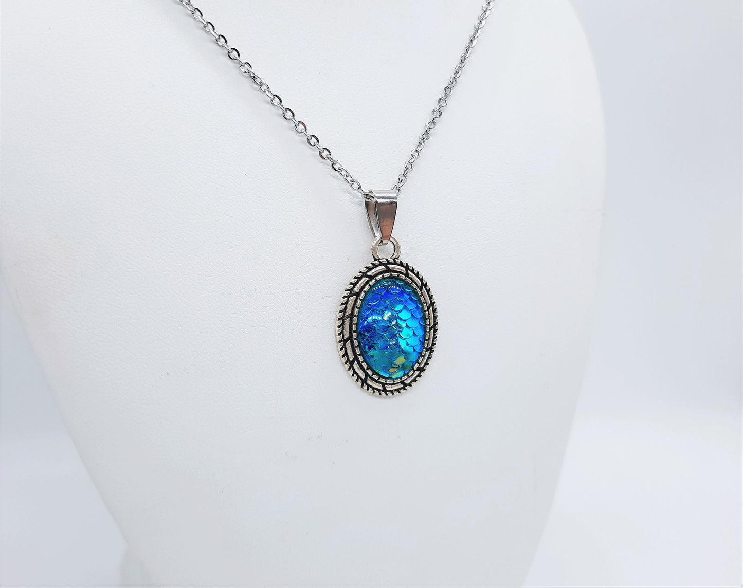 Iridescent Blue Oval Mermaid Scale / Dragon Scale / Fish Scale Pendant Necklace / Antique Tibetan Look / Made with Hypoallergenic Steel