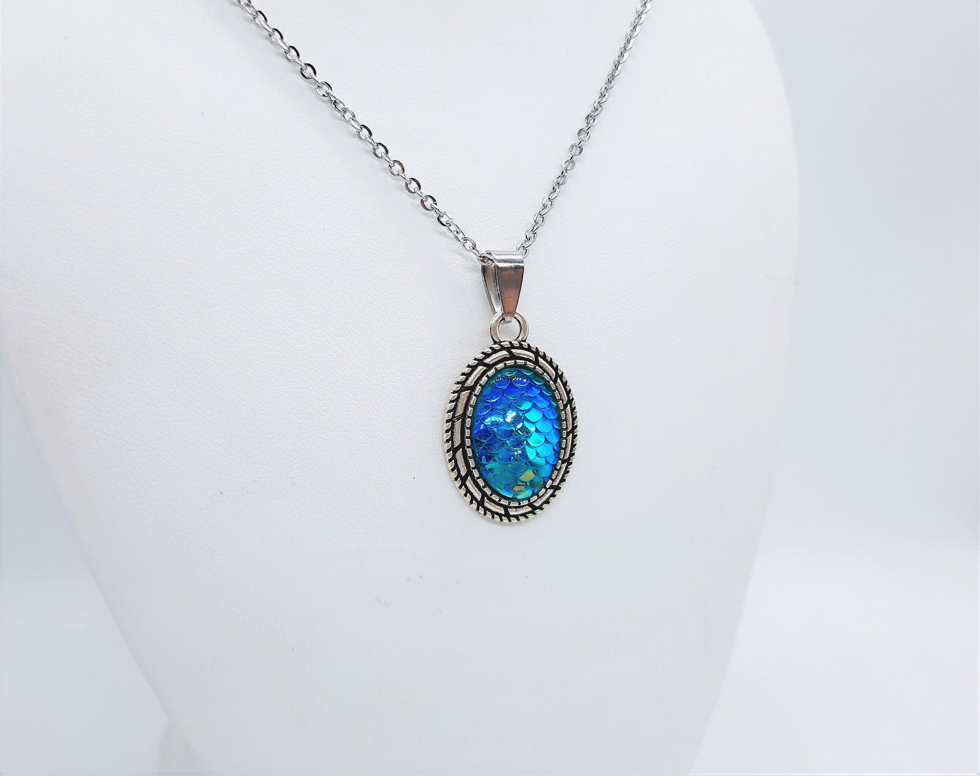 Iridescent Blue Oval Mermaid Scale / Dragon Scale / Fish Scale Pendant Necklace / Antique Tibetan Look / Made with Hypoallergenic Steel