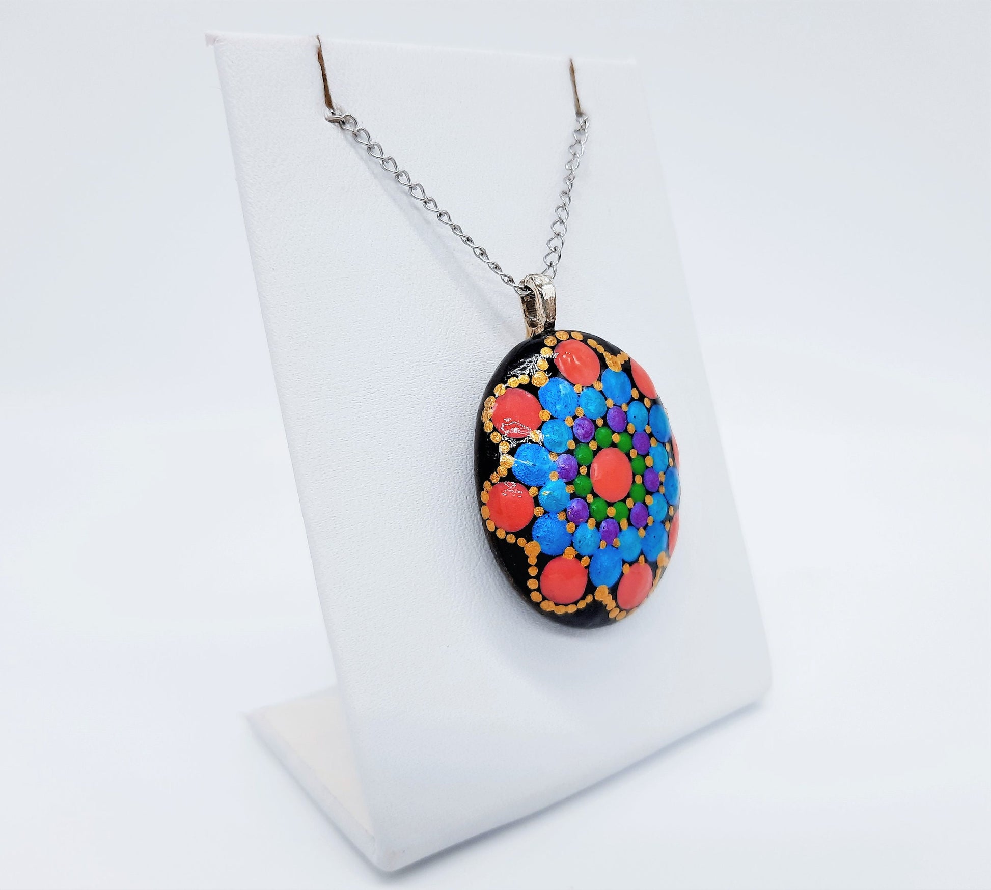 Handpainted Pearlescent Dot Mandala Necklace, Stone Pendant, Sealed w/ Resin, Hypoallergenic Stainless Steel Chain, Lobster Claw Closure