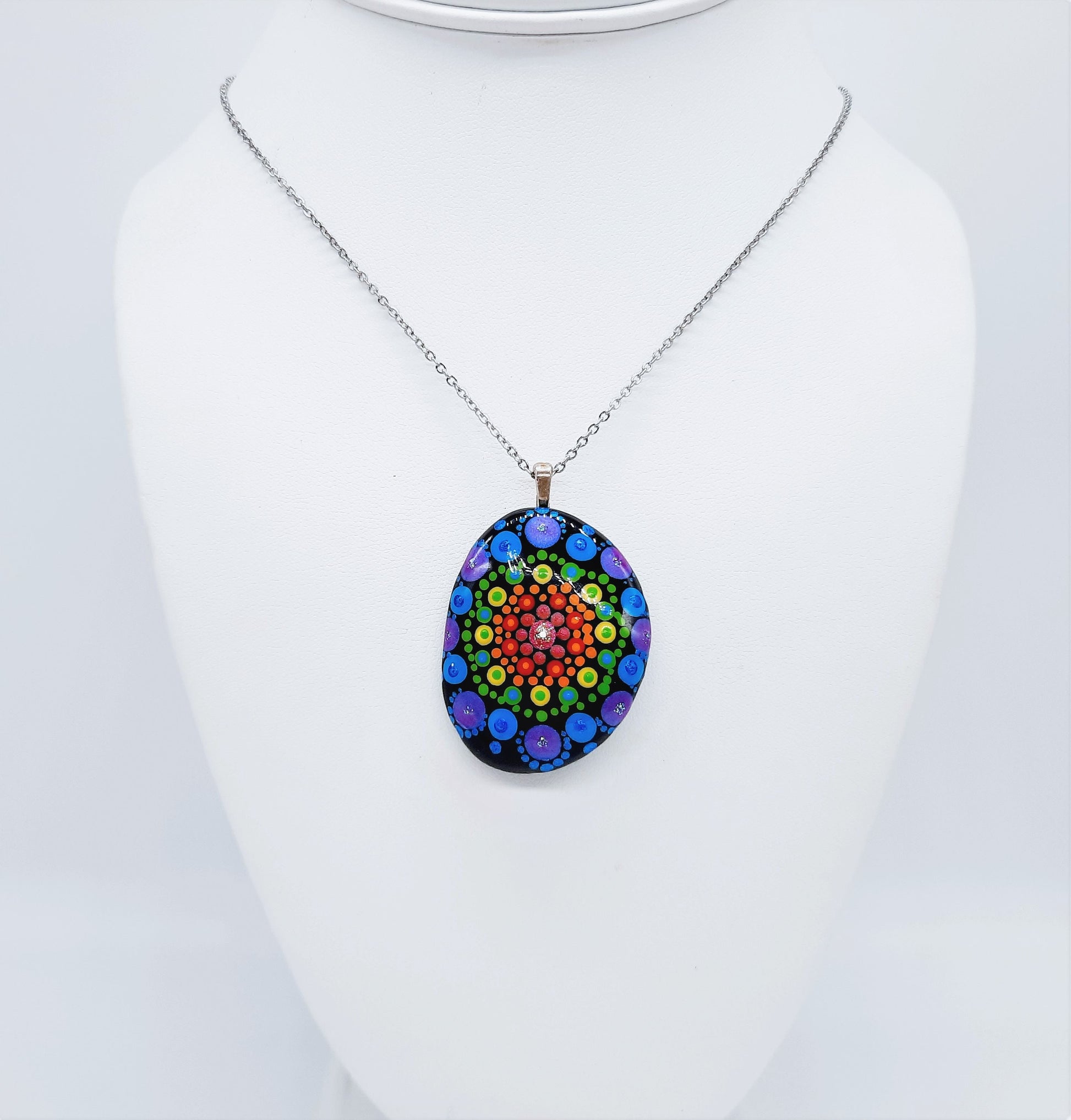 Handpainted Rainbow Dot Mandala Necklace, Stone / Rock Pendant, Sealed w/ Resin, Hypoallergenic Stainless Steel Chain, Lobster Claw Closure