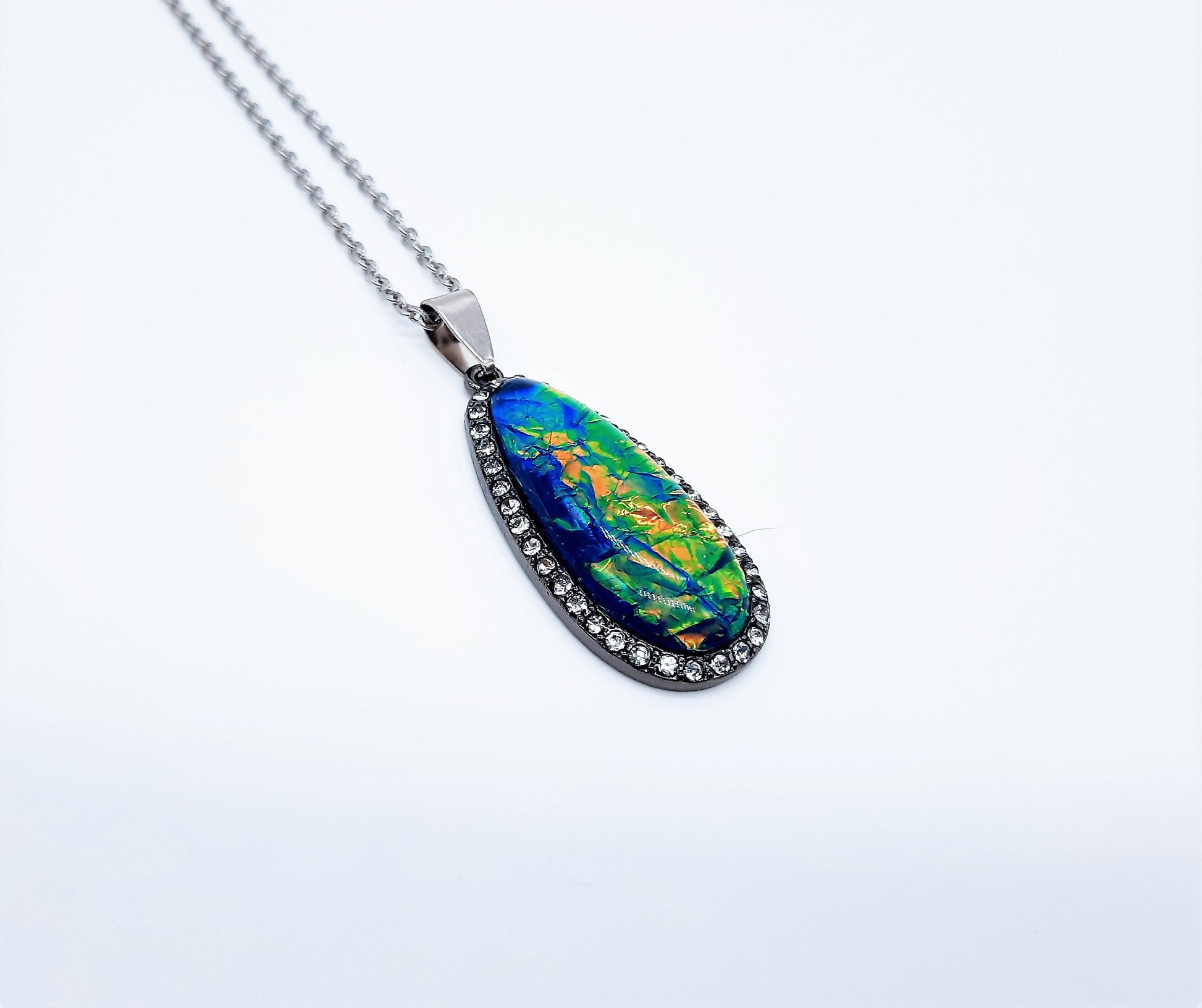 Translucent Glittery Opal (like) Blue Green Teardrop Pendant Necklace - Stainless Steel Chain- Hypoallergenic - Glass Cabochon