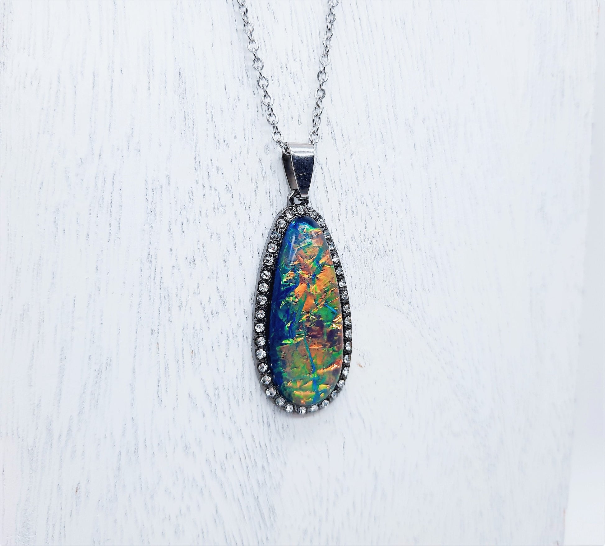 Translucent Glittery Opal (like) Blue Green Teardrop Pendant Necklace - Stainless Steel Chain- Hypoallergenic - Glass Cabochon