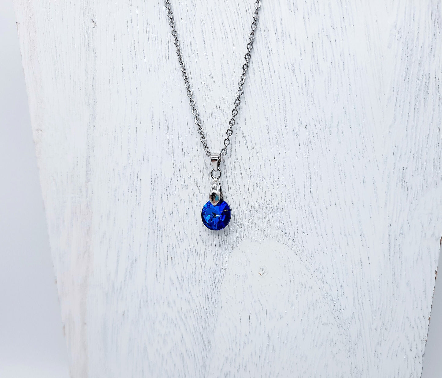 Handcrafted Multifaceted Bermuda Blue Round Glass Rhinestone Pendant Necklace - Hypoallergenic Stainless Steel Chain - Blue Zircon Look
