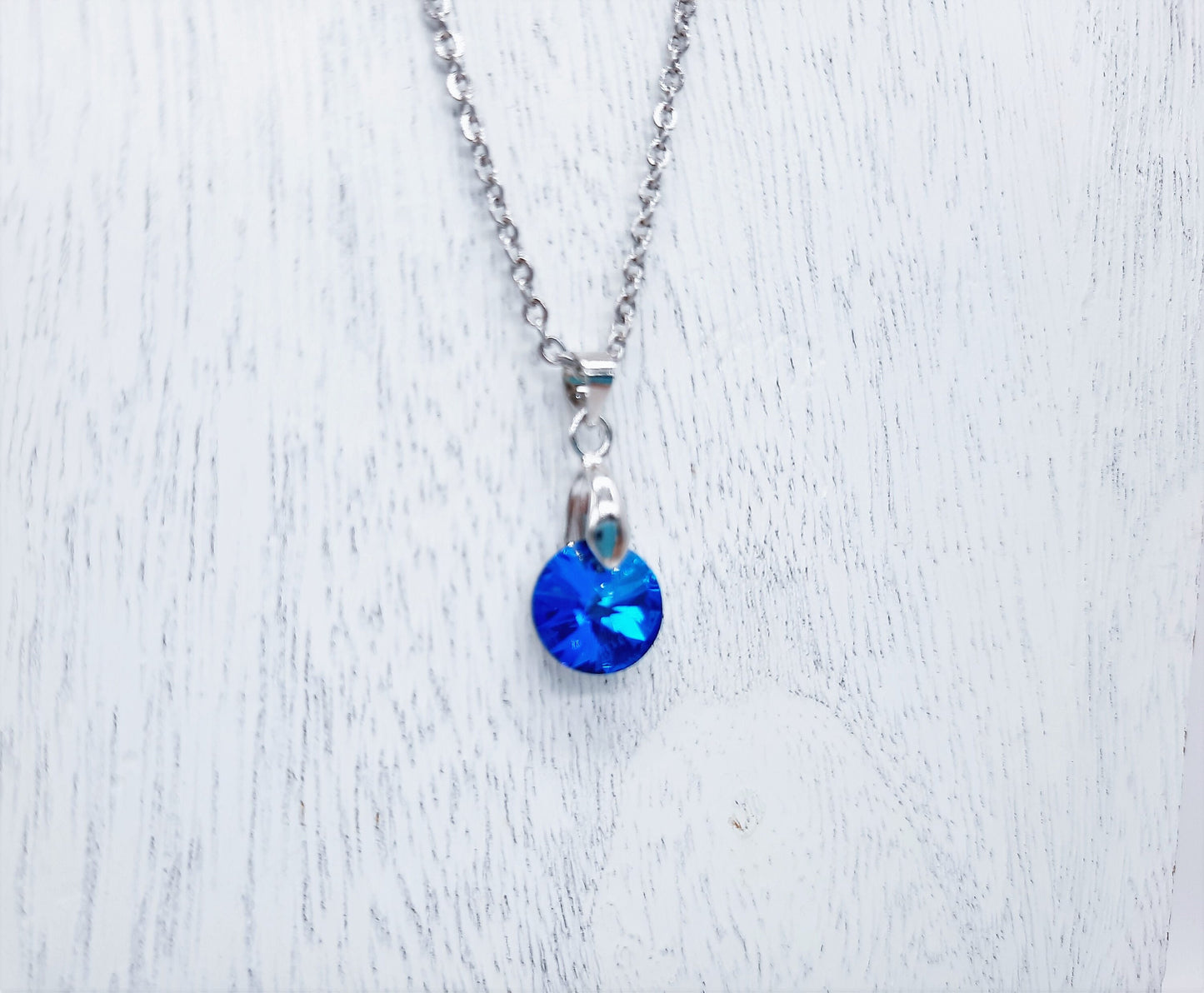 Handcrafted Multifaceted Bermuda Blue Round Glass Rhinestone Pendant Necklace - Hypoallergenic Stainless Steel Chain - Blue Zircon Look