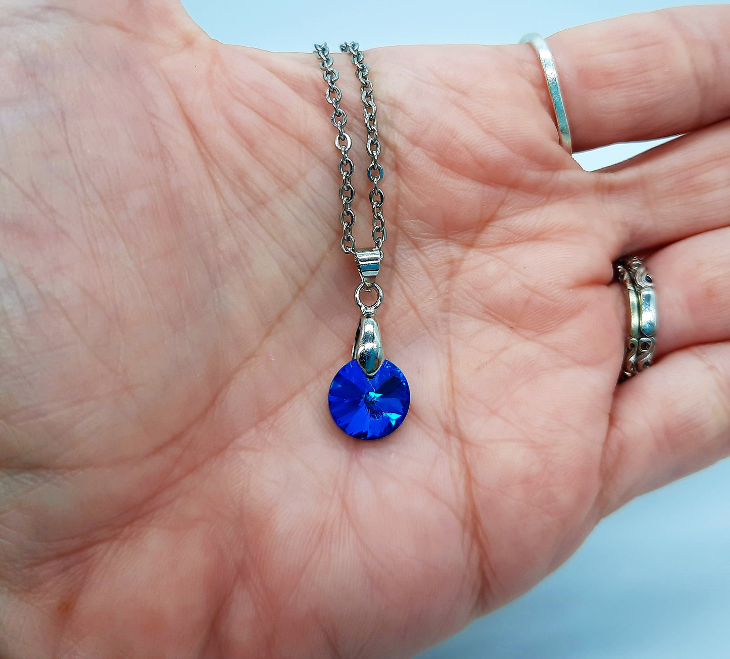 Handcrafted Multifaceted Bermuda Blue Round Glass Rhinestone Pendant Necklace - Hypoallergenic Stainless Steel Chain - Blue Zircon Look