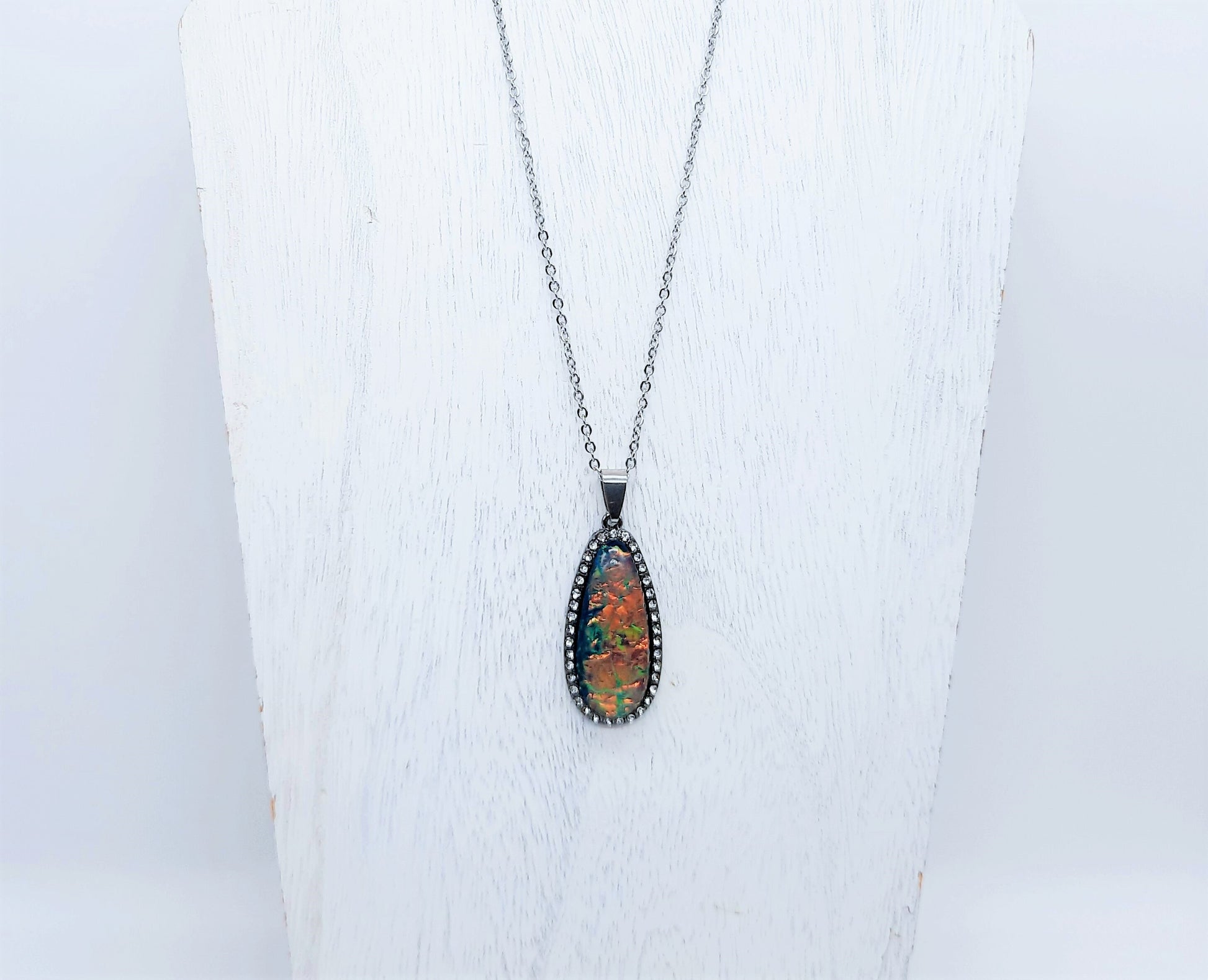 Translucent Glittery Opal (like) Blue Green Teardrop Pendant Necklace - Stainless Steel Chain- Hypoallergenic - Glass Cabochon