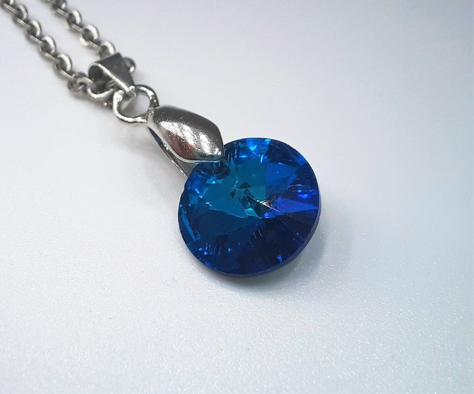 Handcrafted Multifaceted Bermuda Blue Round Glass Rhinestone Pendant Necklace - Hypoallergenic Stainless Steel Chain - Blue Zircon Look