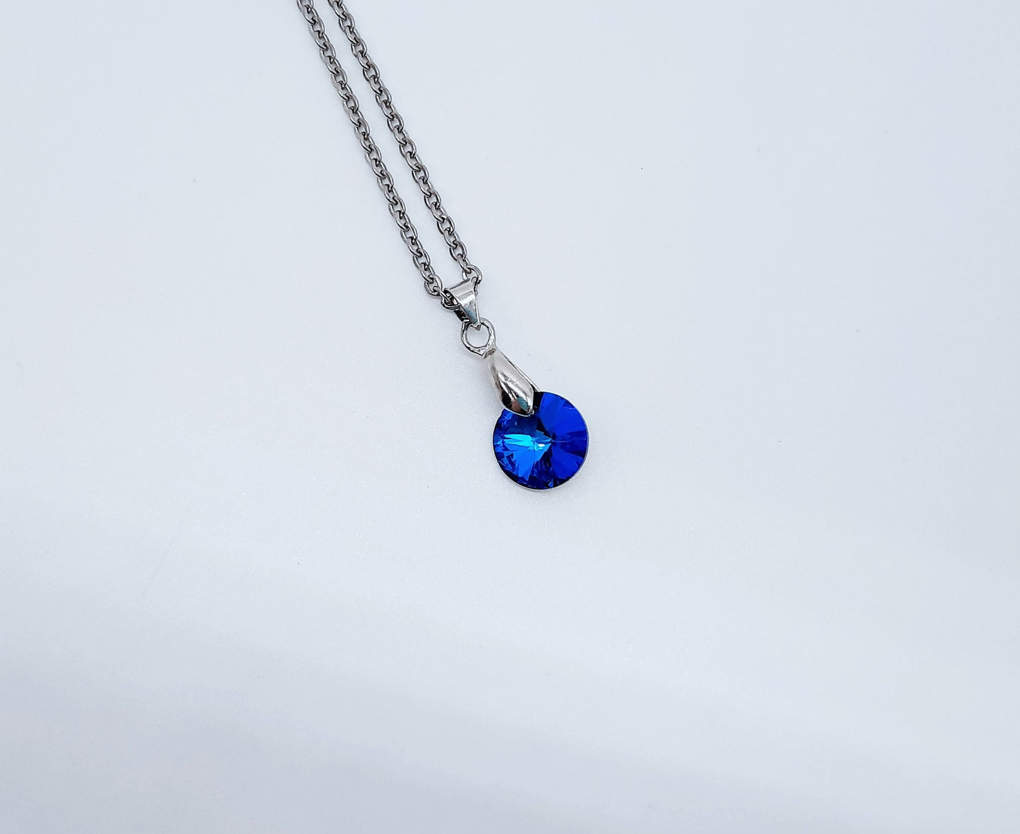 Handcrafted Multifaceted Bermuda Blue Round Glass Rhinestone Pendant Necklace - Hypoallergenic Stainless Steel Chain - Blue Zircon Look