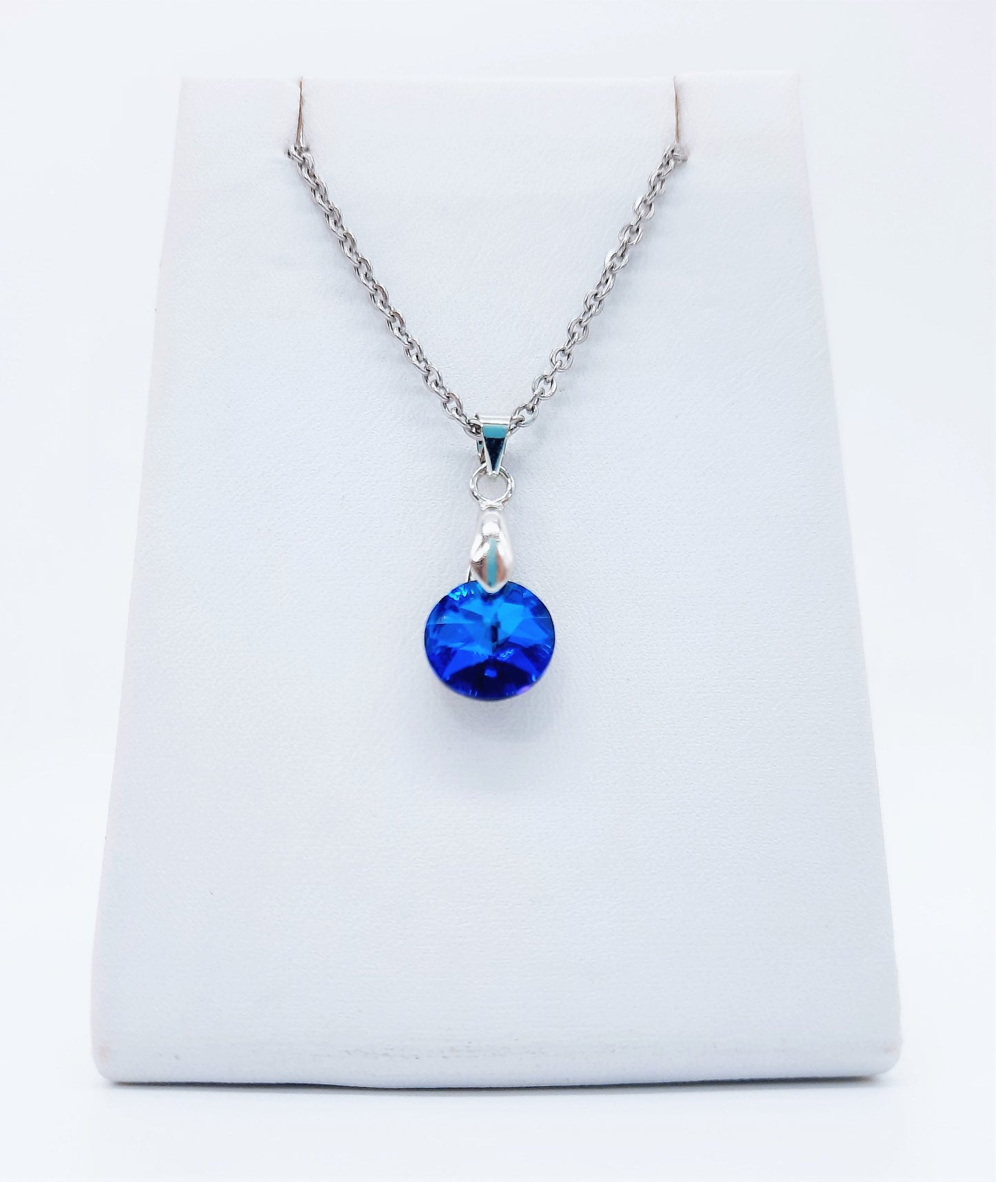 Handcrafted Multifaceted Bermuda Blue Round Glass Rhinestone Pendant Necklace - Hypoallergenic Stainless Steel Chain - Blue Zircon Look
