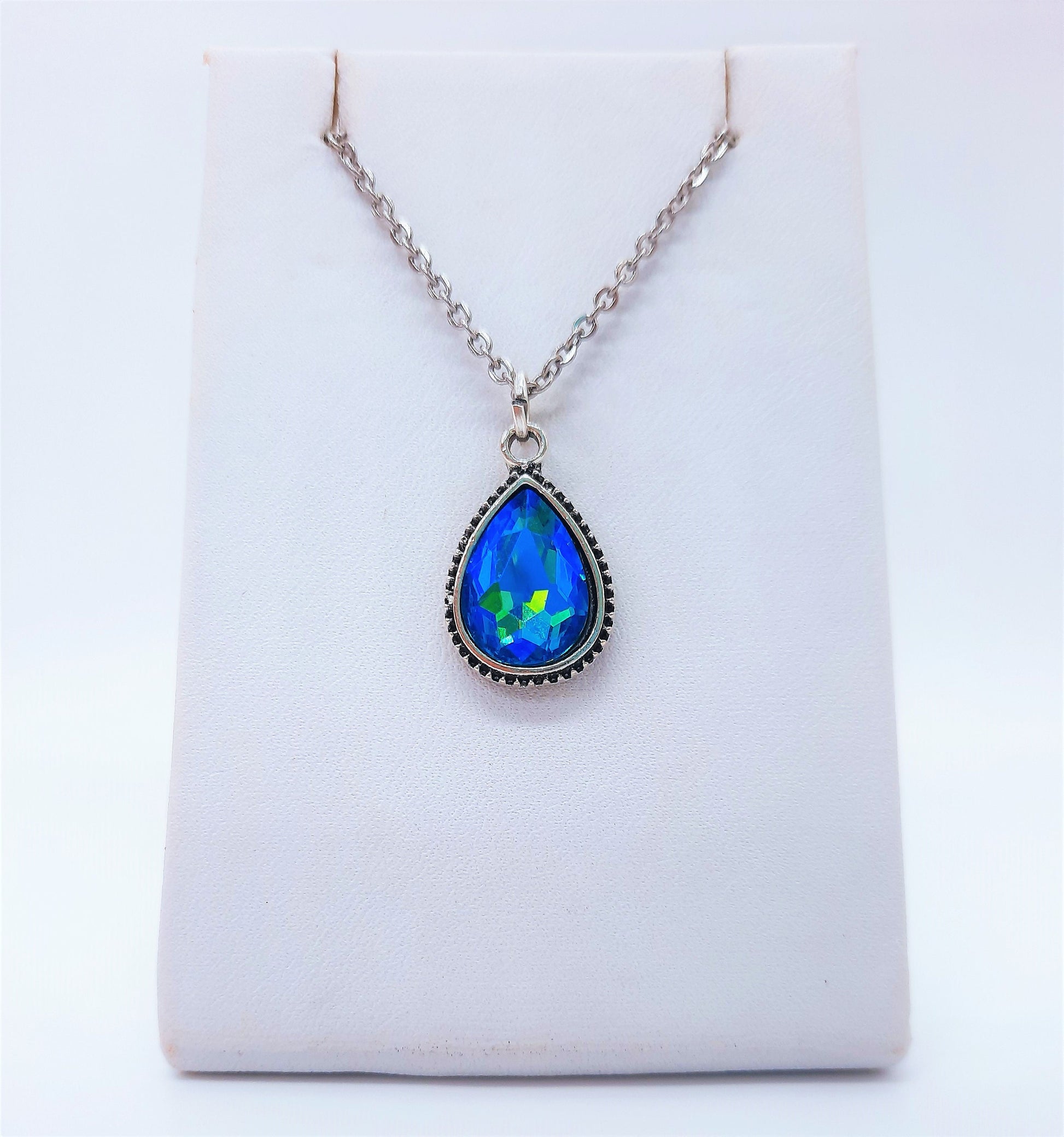 Handmade / Handcrafted Antiqued Silver Teal Blue Rhinestone Teardrop Pendant Necklace, 18" Stainless Steel Chain, Hypoallergenic