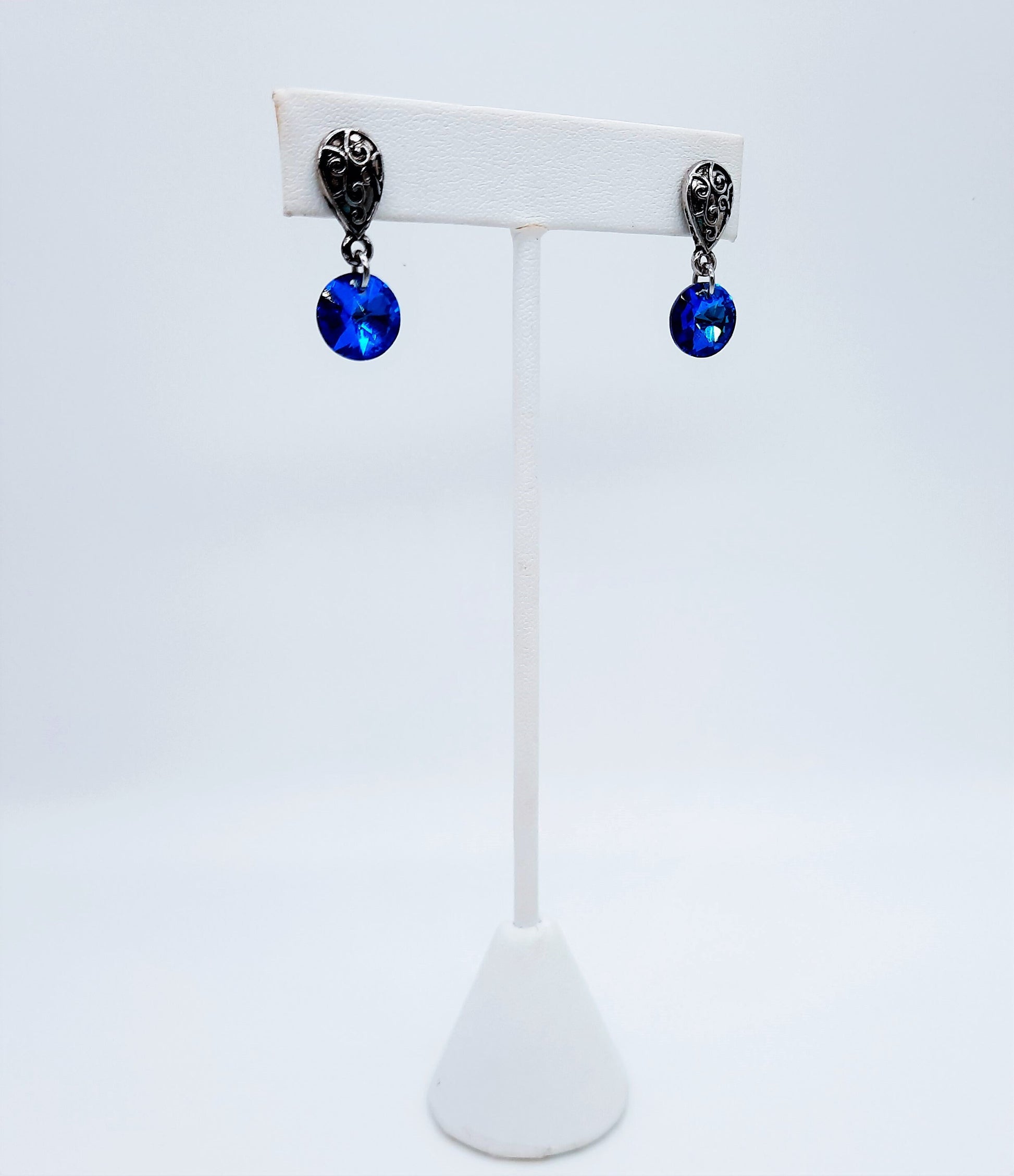 Handmade / Handcrafted Antiqued Silver Bermuda Blue Rhinestone Crystal Pendant Stud Earrings - Intricate Filigree Scroll Posts