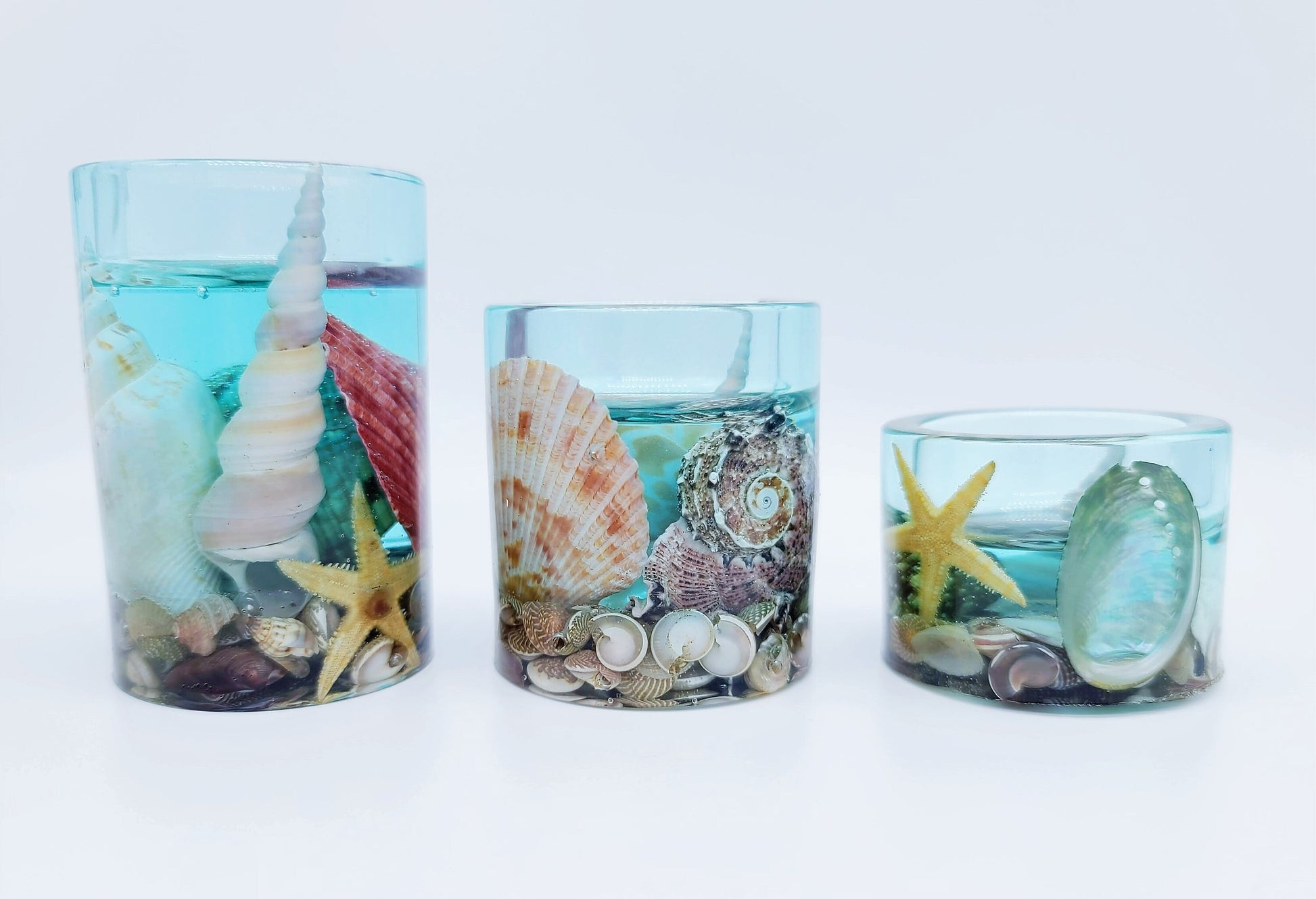 Beach Themed Round Candle Holder Made with Eco-Friendly Epoxy Resin and Seashells - Includes Choice of Real SCENTED Tealight or LED Tealight