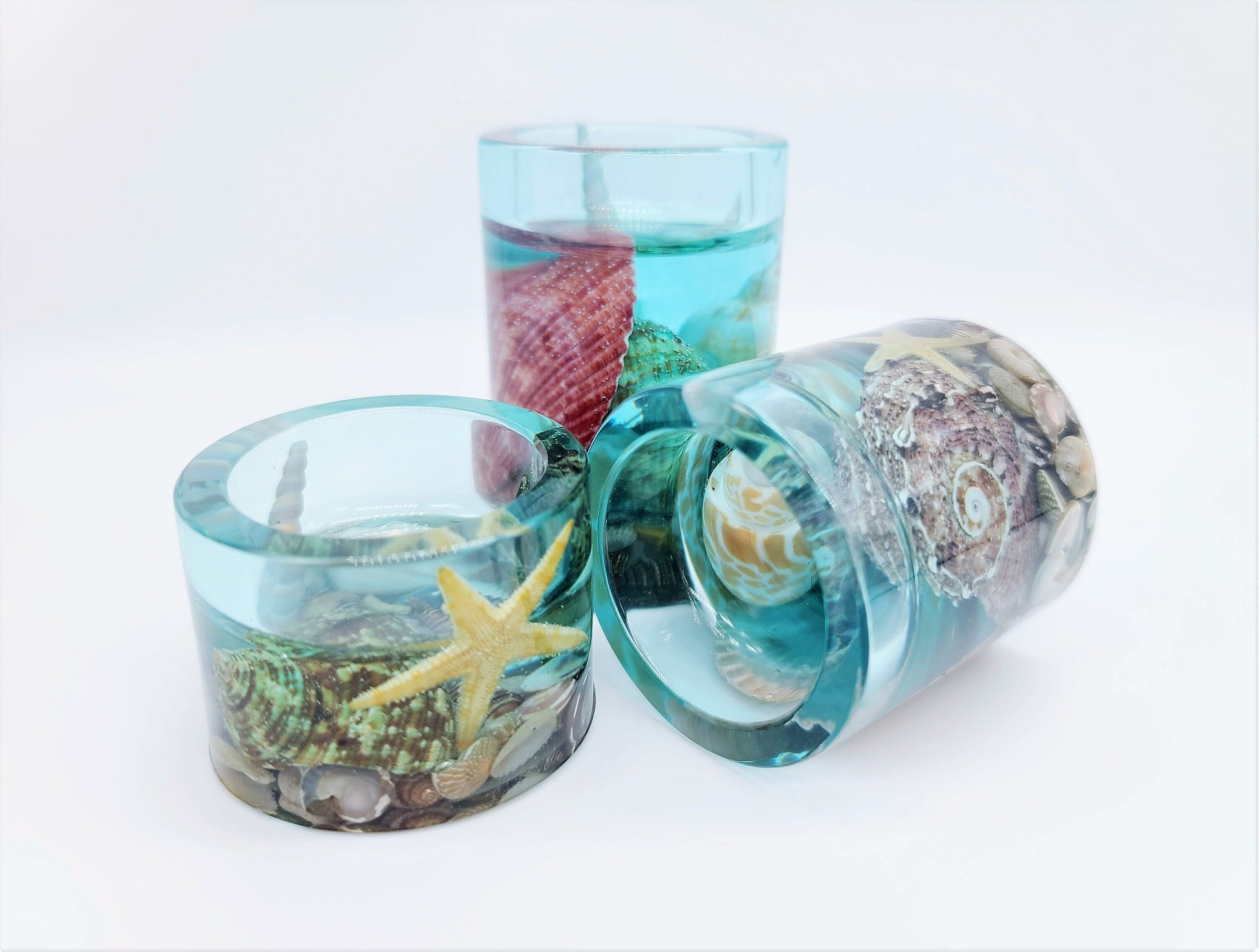 Beach Themed Round Candle Holder Made with Eco-Friendly Epoxy Resin and Seashells - Includes Choice of Real SCENTED Tealight or LED Tealight