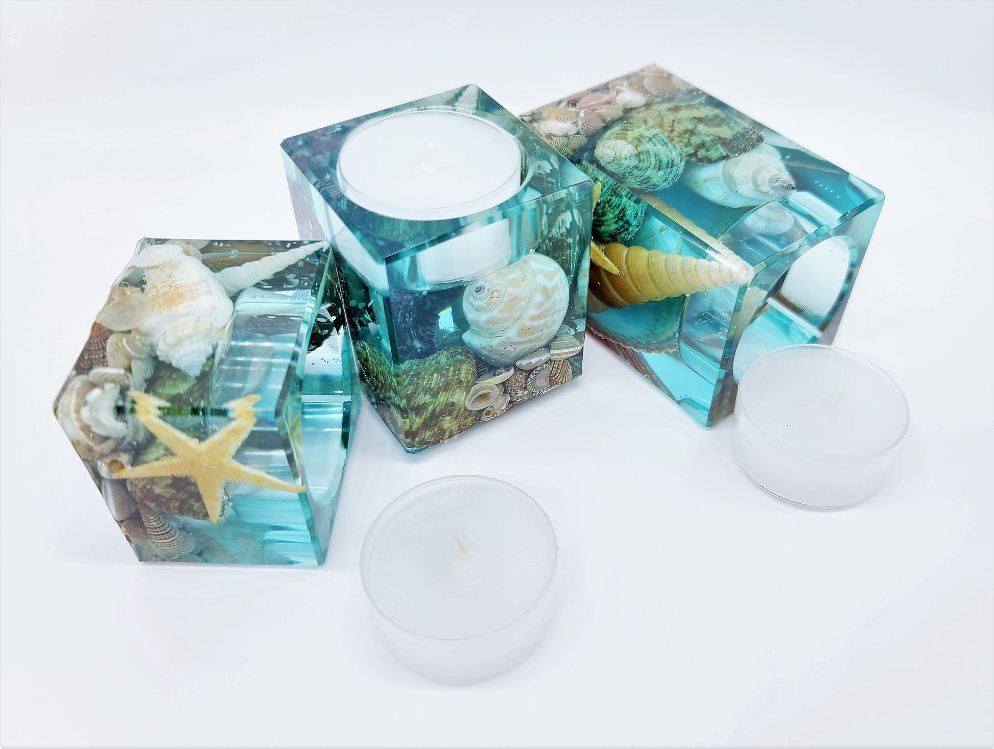 Ocean Themed Square Candle Holder Made with Eco-Friendly Epoxy Resin & Seashells - Includes Choice of Real SCENTED Tealight or LED Tealight