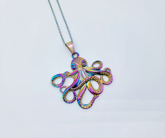 Rainbow Chromium Metal Octopus Pendant Necklace - 19" Stainless Steel Rainbow Hypoallergenic Chain - Lobster Claw Closure - Alloy Pendant