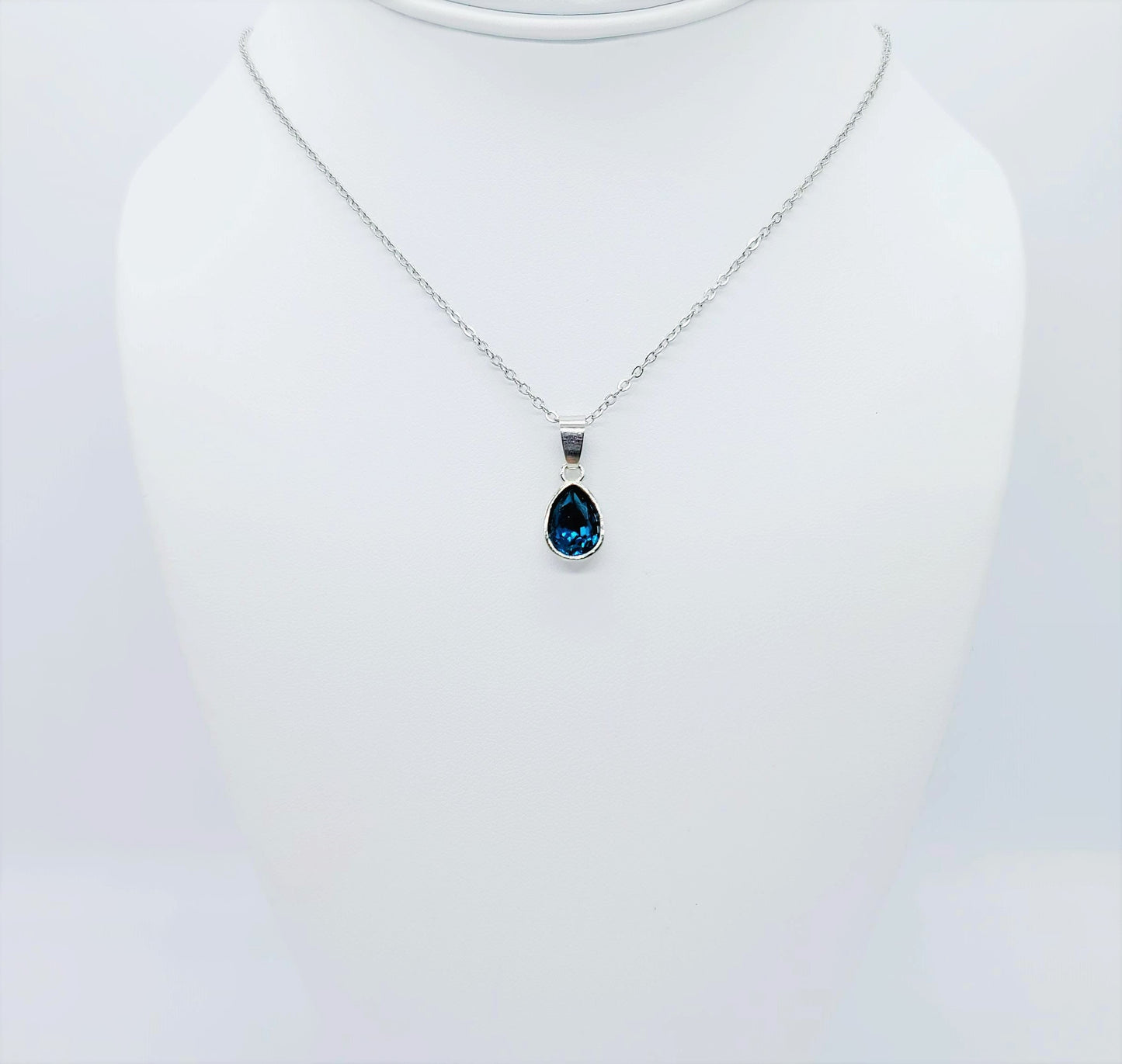 Handcrafted Multifaceted London Blue Topaz Teardrop Pendant Necklace - Silver Stainless Steel 18" Chain & Bail - Hypoallergenic