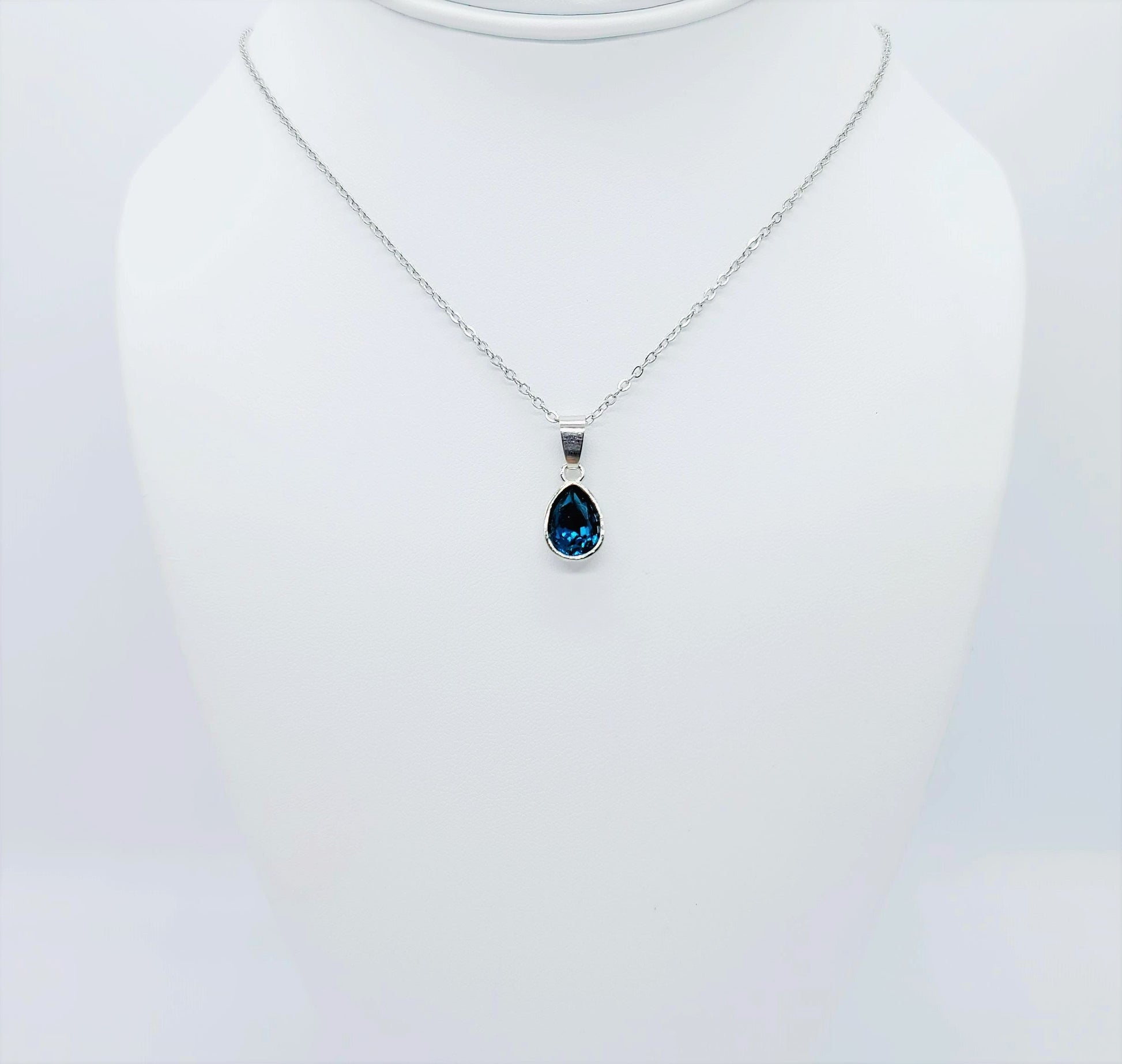 Handcrafted Multifaceted London Blue Topaz Teardrop Pendant Necklace - Silver Stainless Steel 18" Chain & Bail - Hypoallergenic