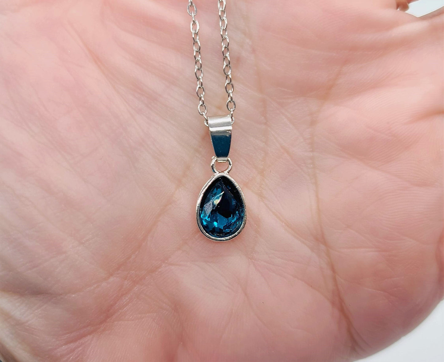 Handcrafted Multifaceted London Blue Topaz Teardrop Pendant Necklace - Silver Stainless Steel 18" Chain & Bail - Hypoallergenic