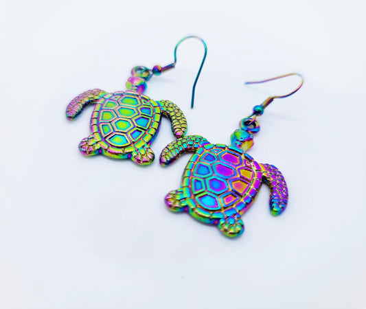 Handcrafted Rainbow Chromium Iridescent Sea Turtle Dangle Earrings / Made with Hypoallergenic Stainless Steel Ear Wire Hooks