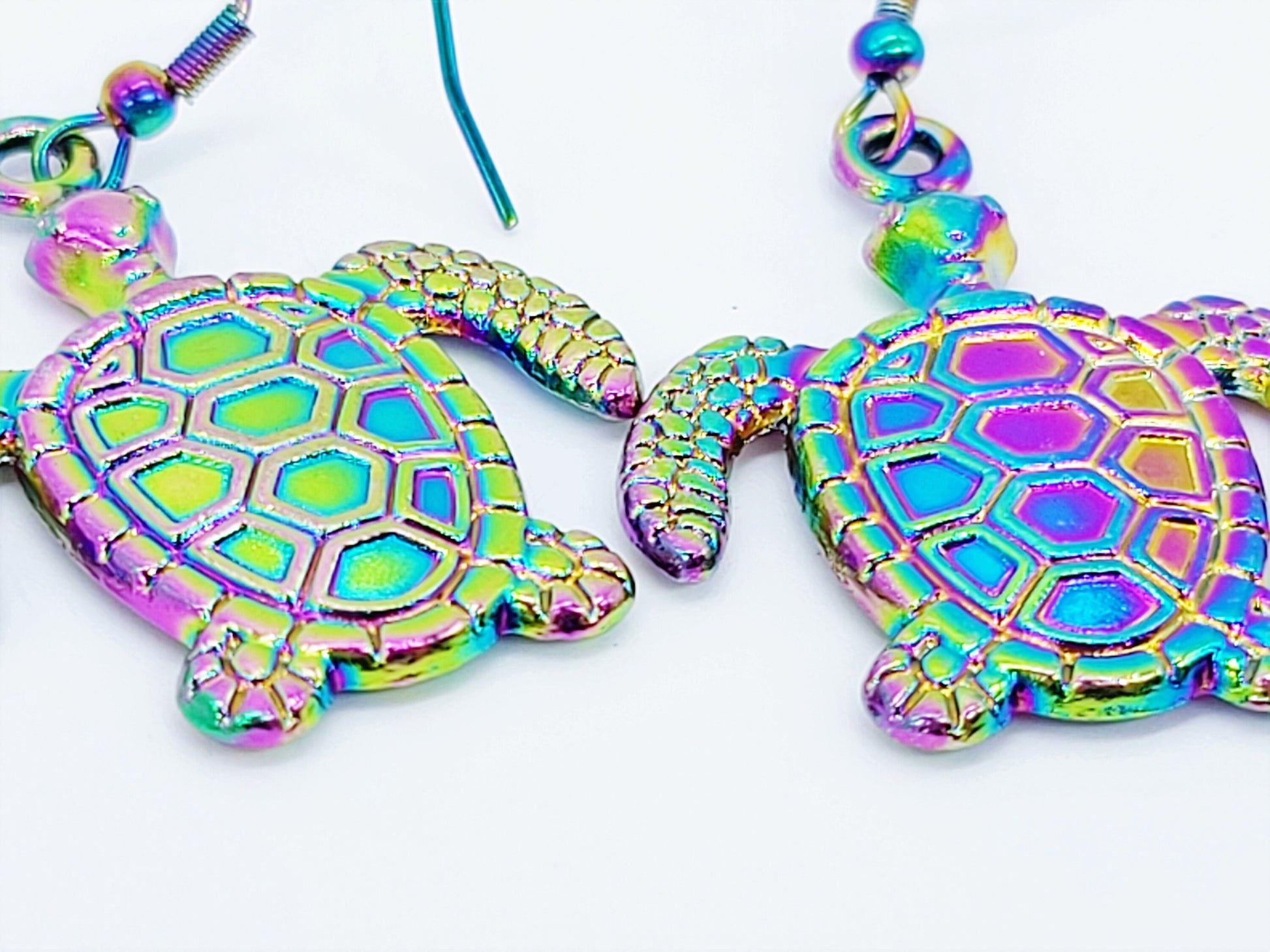 Handcrafted Rainbow Chromium Iridescent Sea Turtle Dangle Earrings / Made with Hypoallergenic Stainless Steel Ear Wire Hooks