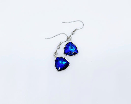 Handmade / Handcrafted Multifaceted Dark Blue Rhinestone Triangle Pendant Earrings - Hypoallergenic Stainless Steel Ear Wire Hooks