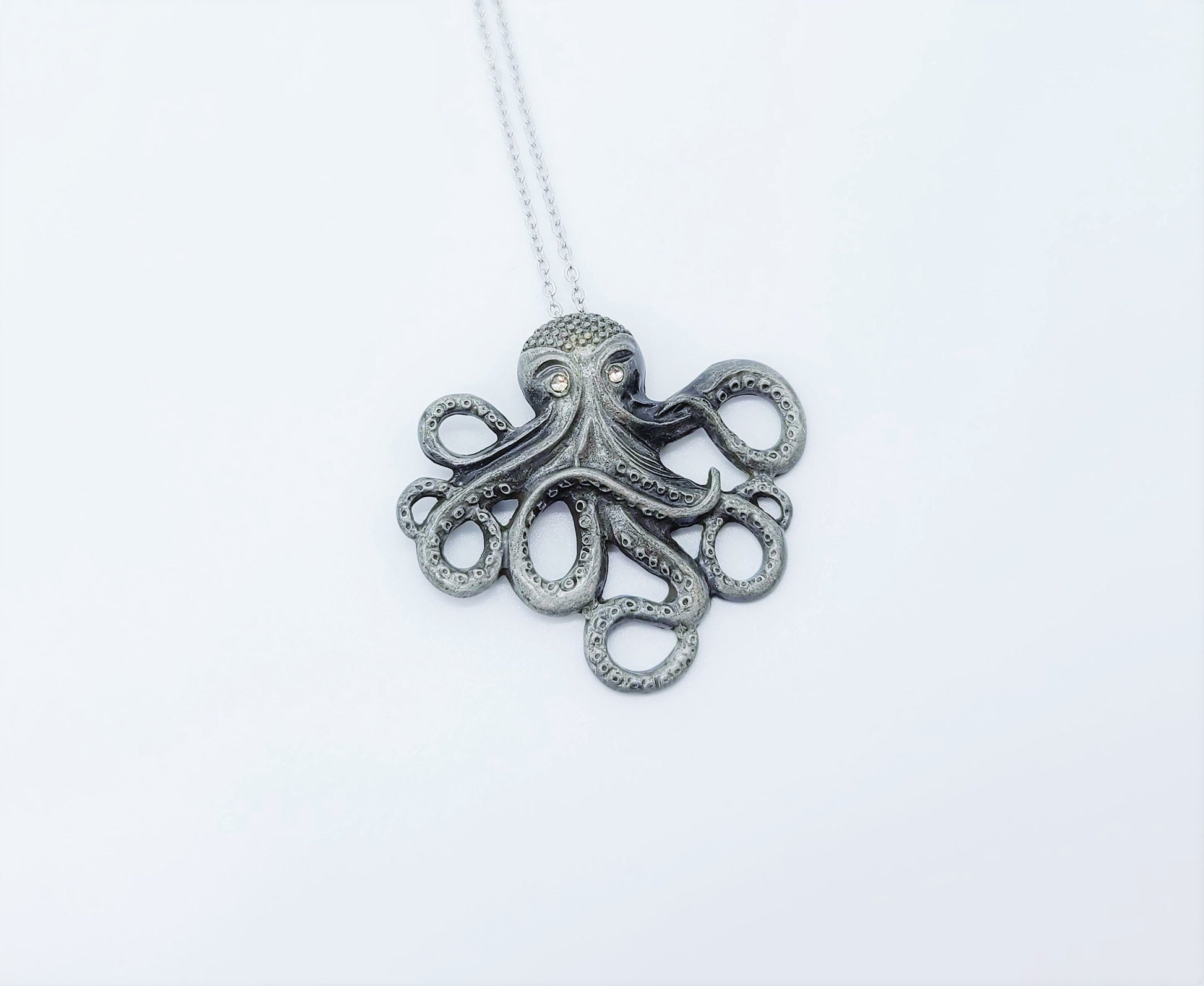 Antique Silver Metal Octopus Pendant Necklace - 18" Stainless Steel Silver Hypoallergenic Chain - Lobster Claw Closure - Alloy Pendant