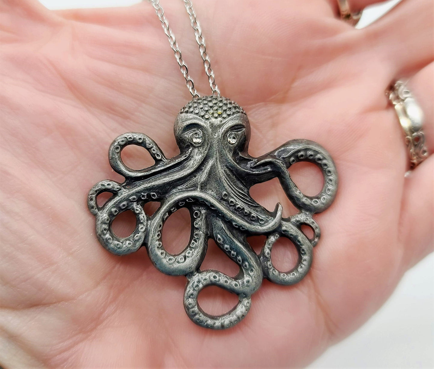 Antique Silver Metal Octopus Pendant Necklace - 18" Stainless Steel Silver Hypoallergenic Chain - Lobster Claw Closure - Alloy Pendant