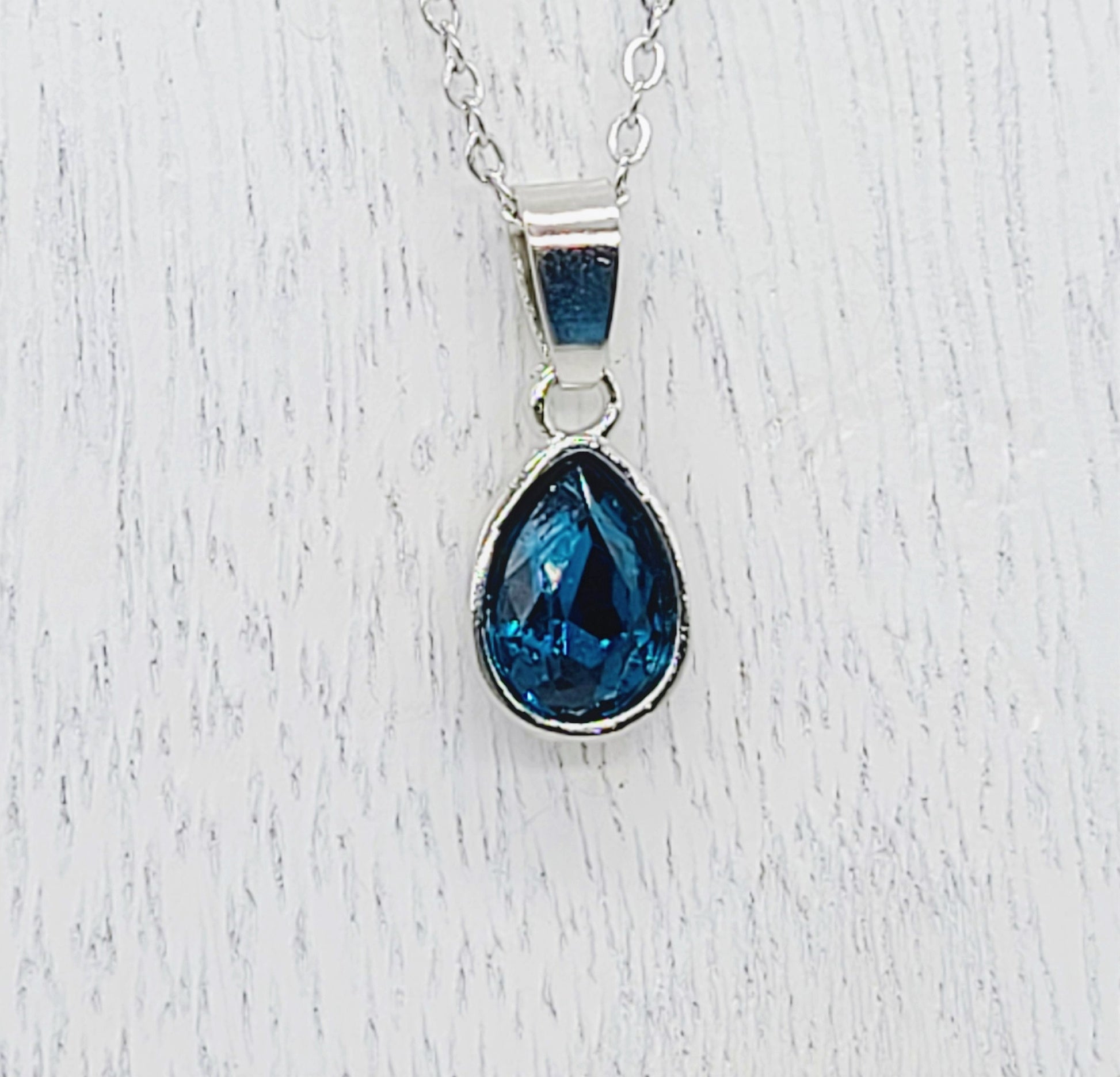 Handcrafted Multifaceted London Blue Topaz Teardrop Pendant Necklace - Silver Stainless Steel 18" Chain & Bail - Hypoallergenic