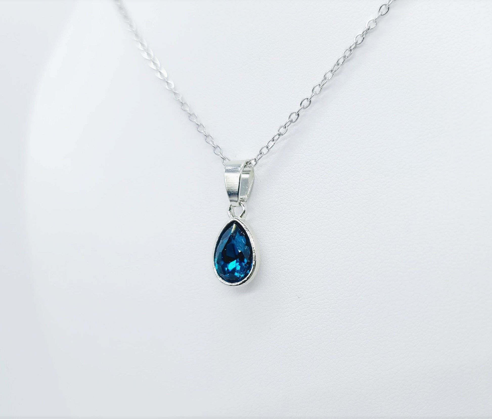 Handcrafted Multifaceted London Blue Topaz Teardrop Pendant Necklace - Silver Stainless Steel 18" Chain & Bail - Hypoallergenic