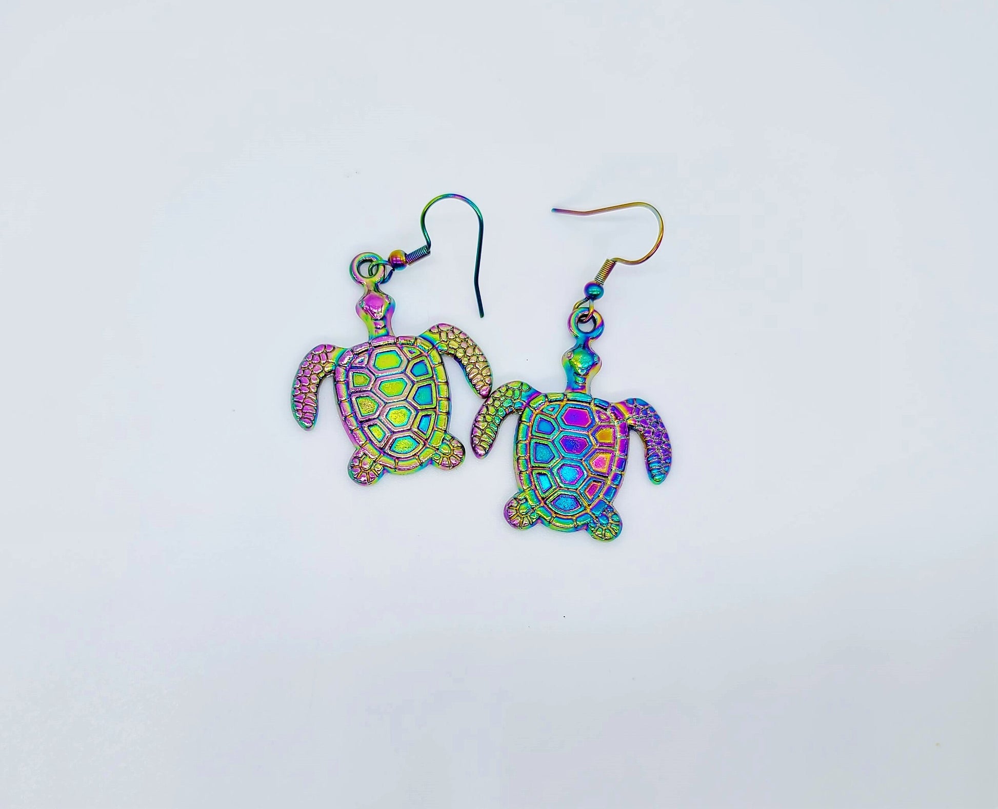 Handcrafted Rainbow Chromium Iridescent Sea Turtle Dangle Earrings / Made with Hypoallergenic Stainless Steel Ear Wire Hooks