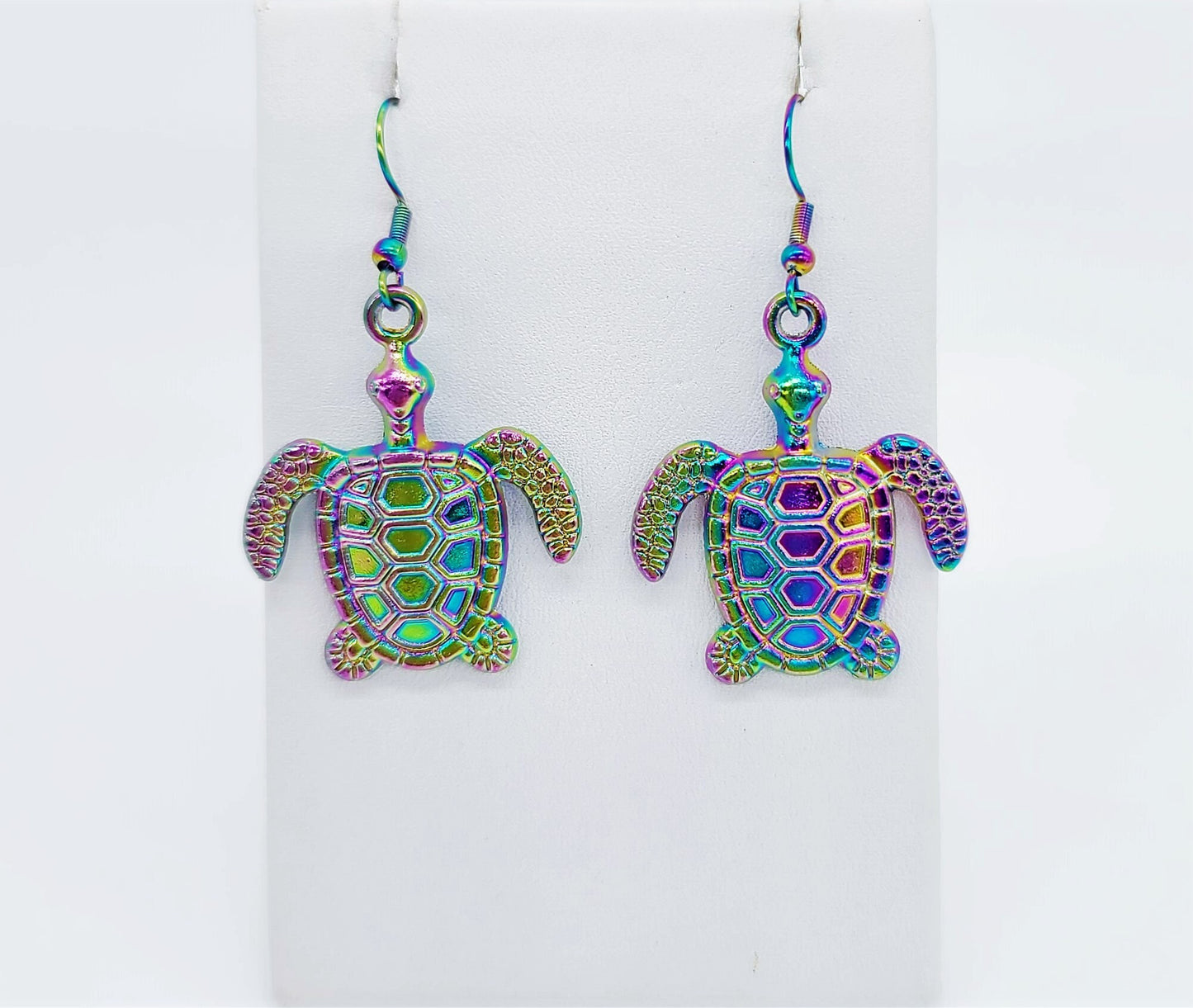 Handcrafted Rainbow Chromium Iridescent Sea Turtle Dangle Earrings / Made with Hypoallergenic Stainless Steel Ear Wire Hooks