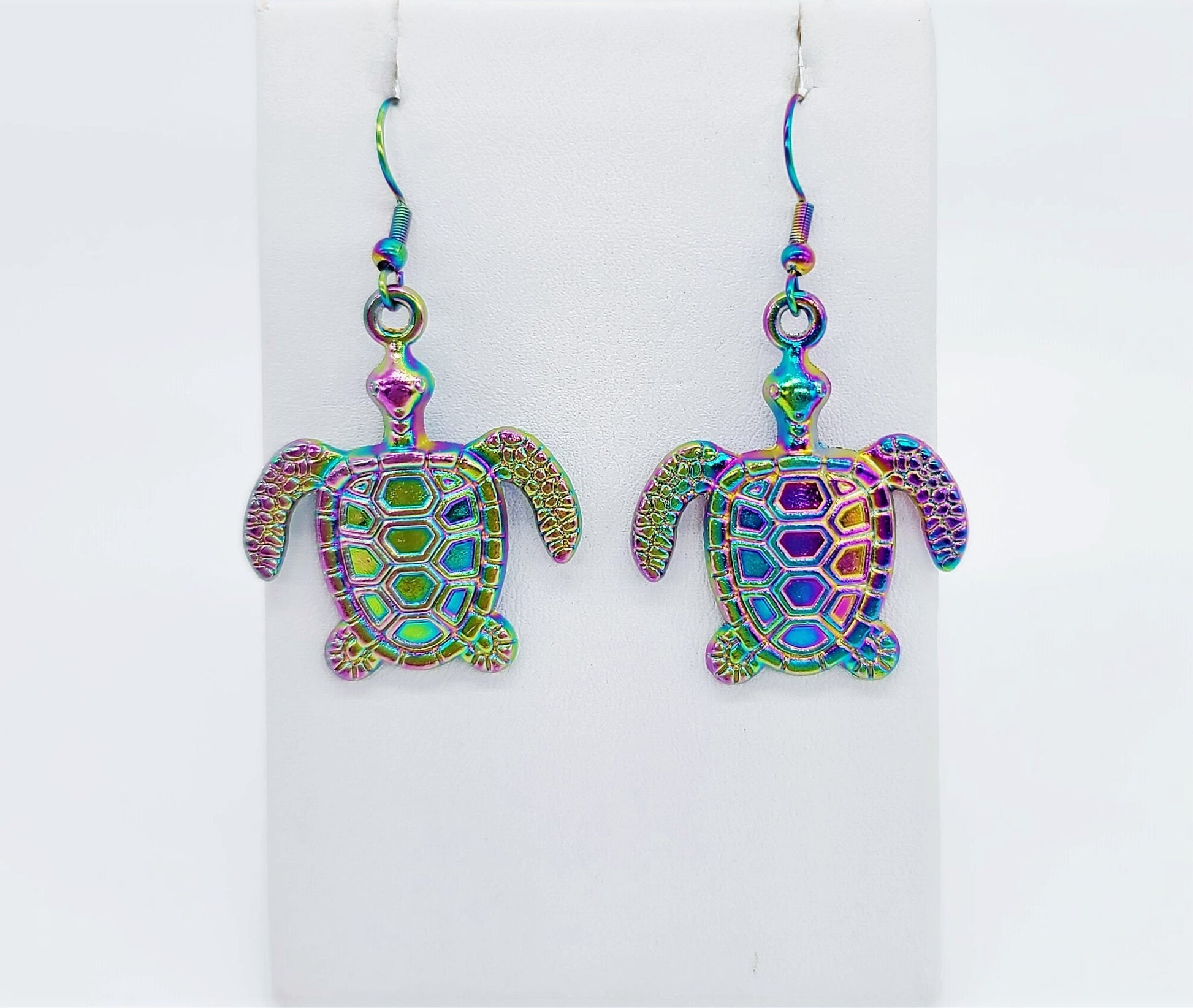 Handcrafted Rainbow Chromium Iridescent Sea Turtle Dangle Earrings / Made with Hypoallergenic Stainless Steel Ear Wire Hooks